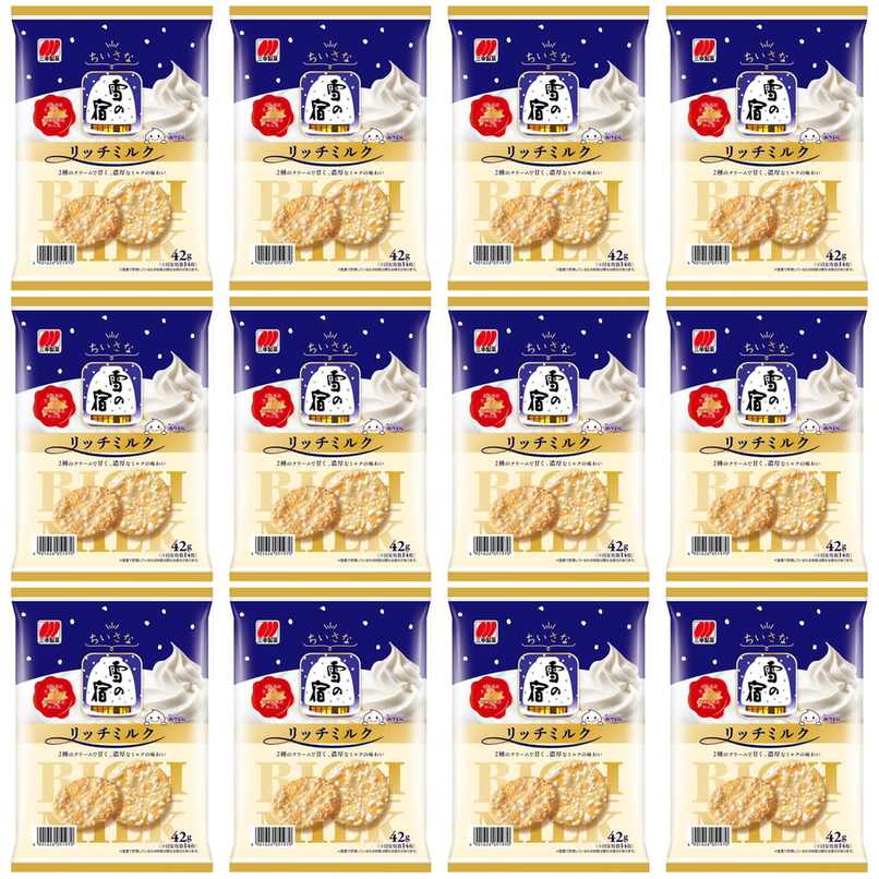 【商品説明】 三幸製菓 ちいさな雪の宿 リッチミルク 42g の 商品概要 特徴 お試ししやすい食べきりパックの雪の宿です。 北海道産生クリームと北海道製造れん乳を使用したWクリーム蜜掛けで仕上げました。通常品よりも贅沢なミルクの甘さとコクのある味わいをお楽しみいただけます。 内容量:42g●名称:おせんべい●原材料:米(米国産、豪州産、その他)、砂糖、植物油脂、食塩、乳糖、ホエイパウダー(乳成分を含む)、ゼラチン、乳等を主要原料とする食品、 セット内容:12個 原産地:日本●栄養成分表示(1袋42g当たり):(推定値)エネルギー196kcal、たんぱく質1.6g、脂質6.7g、炭水化物32.3g、食塩相当量0.71g●保存方法 【商品スペック】 三幸製菓 ちいさな雪の宿 リッチミルク 42g の商品スペック その他 ●内容量:42g●名称:おせんべい●原材料:米(米国産、豪州産、その他)、砂糖、植物油脂、食塩、乳糖、ホエイパウダー(乳成分を含む)、ゼラチン、乳等を主要原料とする食品、油脂加工品、生クリーム、脱脂濃縮乳、たんぱく加水分解物(大豆を含む)、脱脂粉乳、デキストリン、乳糖果糖オリゴ糖、粉末しょうゆ(小麦を含む)、乳たんぱく、加糖練乳/加工でん粉、植物レシチン、調味料(アミノ酸等)、香料、甘味料(ステビア)、酸化防止剤(ローズマリー抽出物)、着色料(カラメル、カロチン)、増粘多糖類●原産国:日本●栄養成分表示(1袋42g当たり):(推定値)エネルギー196kcal、たんぱく質1.6g、脂質6.7g、炭水化物32.3g、食塩相当量0.71g●保存方法:直射日光、高温多湿はお避けください。●食物アレルギー:小麦、乳成分、大豆、ゼラチン 他の三幸製菓の食品&飲料・お酒を探す 食品&飲料・お酒 三幸製菓>お菓子・スイーツ 三幸製菓>せんべい・米菓 三幸製菓 メーカー都合により、パッケージや内容が変更となる場合がございます。パッケージ変更を理由とした返品は承っておりません。