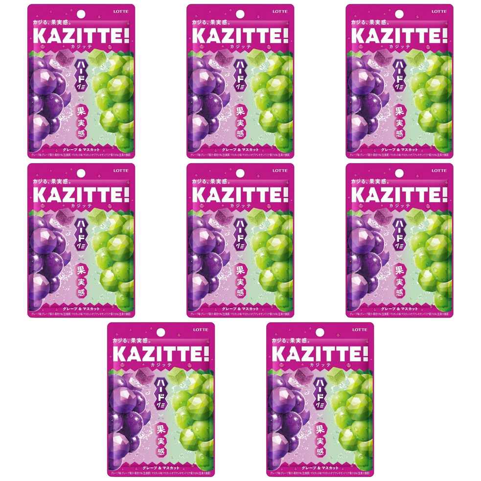 【商品説明】 ロッテ LOTTE カジッテ（グレープ&マスカット） 80g の 商品概要 特徴 お仕事中におすすめ!ハード食感と果実感を楽しめるグレープ味・マスカット味の2種アソートグミ。 内容量:80g セット内容:8個 原産地:日本 【商品スペック】 ロッテ LOTTE カジッテ（グレープ&マスカット） 80g の商品スペック 味 グレープ味 マスカット味 内容量 80g 他のLOTTEの食品&飲料・お酒を探す 食品&飲料・お酒 ロッテ LOTTE）お菓子・スイーツ ロッテ LOTTE）ガム・あめ・ミント ロッテ LOTTE）グミ ロッテ LOTTE その他 ●内容量:80g ●名称:グミ ●原材料名:（グレープ）水あめ(国内製造)、砂糖、ゼラチン、濃縮グレープピューレ、濃縮グレープ果汁、オブラートパウダー/ソルビトール、酸味料、グリセリン、乳酸Ca、増粘剤(プルラン)、香料、乳化剤、着色料(ブラックキャロットジュース、クチナシ)、甘味料(アセスルファムK、スクラロース)、調味料(有機酸等)、光沢剤/（マスカット）水あめ(国内製造)、砂糖、ゼラチン、濃縮マスカット果汁、オブラートパウダー/ソルビトール、酸味料、グリセリン、乳酸Ca、増粘剤(プルラン)、香料、乳化剤、着色料(紅花黄、クチナシ)、調味料(有機酸等)、甘味料(アセスルファムK、スクラロース)、光沢剤 ●原産国:日本 ●保存方法:直射日光や高温多湿の所を避けて保管してください。 ●表示名(グレープ)栄養成分表示(1粒(標準5.2g))エネルギー17たんぱく質0.4脂質0炭水化物3.9)食塩相当量0~0.004/表示名(マスカット)栄養成分表示(1粒(標準5.2g))エネルギー17たんぱく質0.4脂質0炭水化物3.9)食塩相当量0.0001~0.005 ●原材料に含まれるアレルギー物質(28品目中):ゼラチン メーカー都合により、パッケージや内容が変更となる場合がございます。パッケージ変更を理由とした返品は承っておりません。