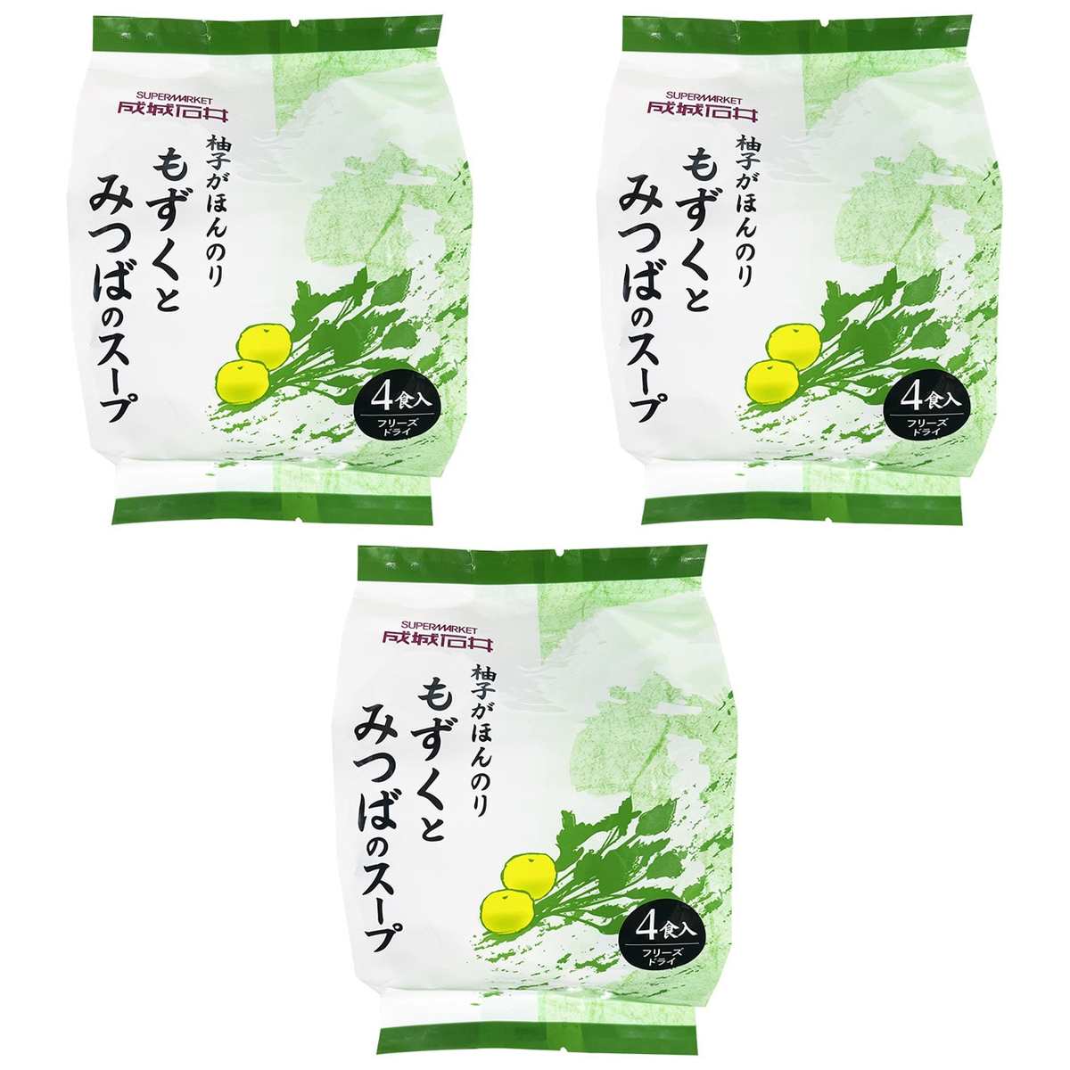 【商品説明】 成城石井 柚子がほんのり もずくとみつばのスープ 4食入 の 商品概要 さわやかに柚子香る 沖縄県恩納村産もずく、国産みつば、国産ゆず皮使用。 内容量:4食 セット内容:3個 【商品スペック】 成城石井 柚子がほんのり もずくとみつばのスープ 4食入 の商品スペック 味 もずくとみつば 分量 4人前 アレルゲン 乳 小麦 大豆 ゼラチン 他の成城石井の食品&飲料・お酒を探す 食品&飲料・お酒 成城石井）インスタント食品 成城石井）スープ・味噌汁 成城石井）箱・袋スープ 成城石井 栄養成分表示 10kcal ※エネルギー(1食分(4g)当たり) 0.5g ※たんぱく質 0.02g ※脂質 2g ※炭水化物 1.2g ※食塩相当量 その他 ●内容量:4食 ●本品に使用しているアレルギー物質:乳、小麦、大豆、ゼラチン ●原材料:醤油、食塩、かつお節エキス、デキストリン、澱粉、酵母エキスパウダー、砂糖、ゼラチン、椎茸エキスパウダー、たん白加水分解物、麦芽糖、あさりエキスパウダー、乳糖、具(もずく(沖縄県)、三つ葉、ゆず皮)/酸化防止剤(ビタミンE)、(一部に乳成分・小麦・大豆・ゼラチンを含む) ●栄養成分:[1食分(4g)当たり] 熱量:10kcal、たんぱく質0.5g、脂質0.02g、炭水化物2g、食塩相当量1.2g メーカー都合により、パッケージや内容が変更となる場合がございます。パッケージ変更を理由とした返品は承っておりません。