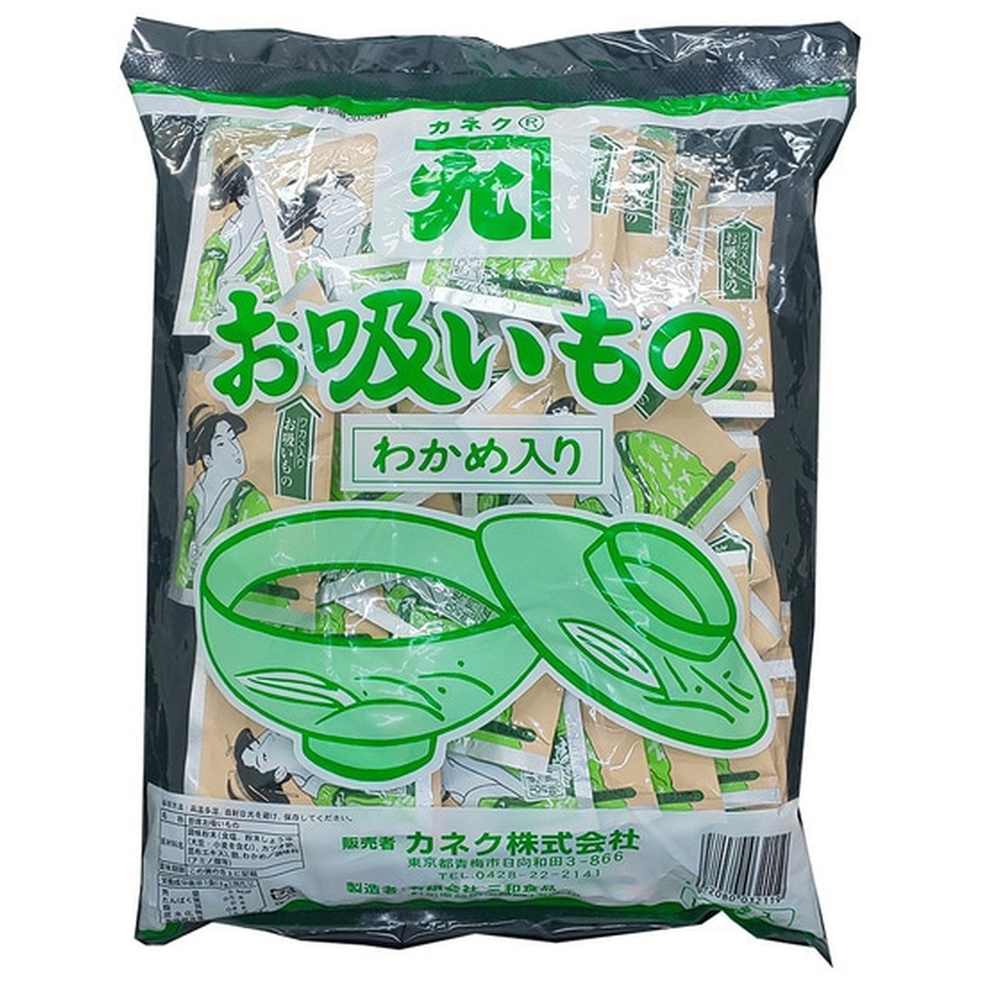 【商品説明】 カネク お吸い物 わかめ入り 100食 の 商品概要 業務用御用達、緑色のパッケージ「わかめ入り」浮世絵の図柄が特徴、お吸い物 国産の「麩」や「乾燥わかめ」を使用した、緑色のカラーが特徴のお吸い物。浮世絵の図柄も特徴です。 プロ御用達 お寿司屋さんでも良く使用されるお吸い物です。内容量、3gとなっております。 使い方 おわんにお吸い物を入れ、熱湯を八分目ほど注ぐと出来上がりです。 内容量:100食 セット内容:1個 【商品スペック】 カネク お吸い物 わかめ入り 100食 の商品スペック 入数 100食 みその種類 顆粒 具の種類 麩 わかめ 他のカネクの食品&飲料・お酒を探す 食品&飲料・お酒 カネク）インスタント食品 カネク）スープ・味噌汁 カネク）味噌汁・お吸い物 カネク アレルゲン 大豆 小麦 その他 ●原材料:調味粉末(食塩、粉末しょうゆ(大豆、小麦含む)、鰹節、昆布エキス)、麩、わかめ/調味料(アミノ酸等) ●ご注意:開封後は吸湿しやすいため、お早めにご使用ください。 ●保存方法:直射日光、高温、多湿を避けて保管してください。 ●本体寸法/幅×奥行×高さ(約cm):35×26×5.5 ●食物アレルギー(特定原材料):小麦 メーカー都合により、パッケージや内容が変更となる場合がございます。パッケージ変更を理由とした返品は承っておりません。
