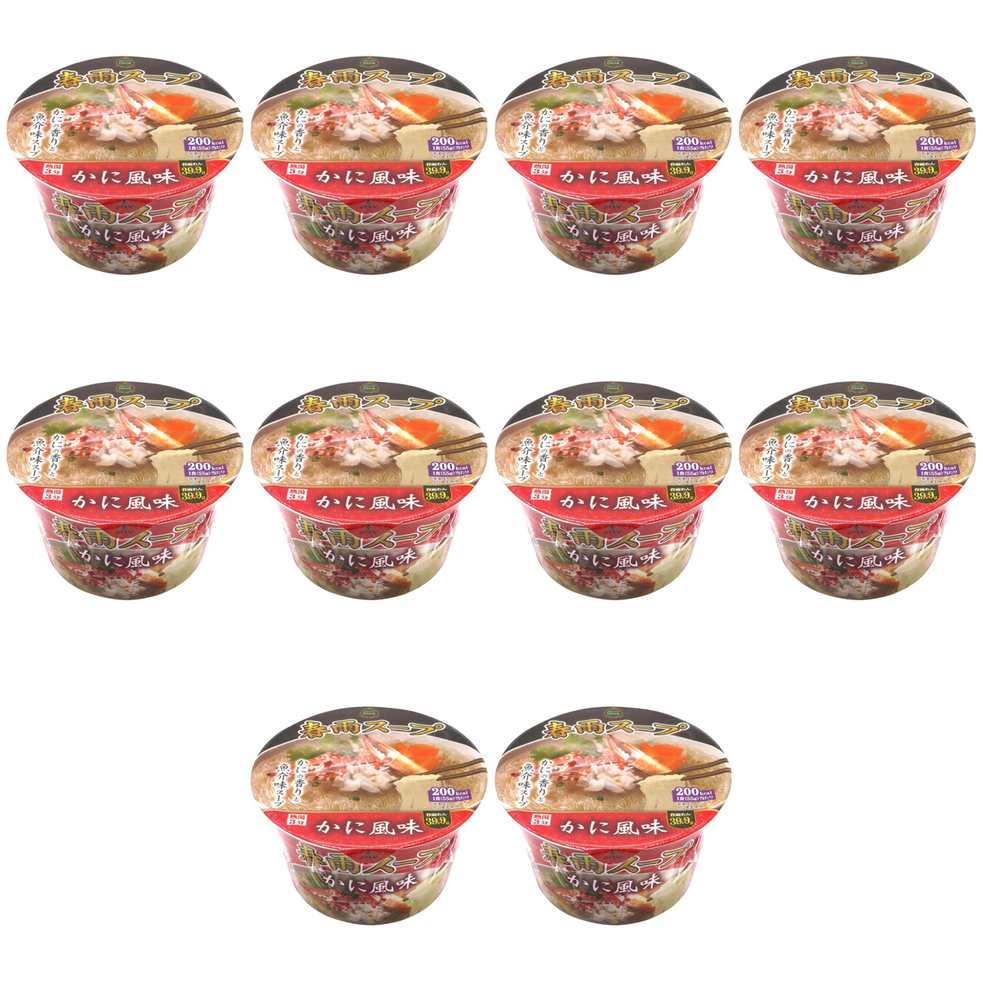 【商品説明】 グリーン Green Green春雨スープ かに風味 55g の 商品概要 商品説明 1食当たり200kcalとインスタントラーメンに比べてカロリー控え目です。 内容量:55g セット内容:10個 【商品スペック】 グリーン Green Green春雨スープ かに風味 55g の商品スペック その他 ●内容量:55g ●名称:春雨スープ かに風味 ●原材料:【春雨】ばれいしょでん粉、緑豆でん粉【粉末スープ】食塩、砂糖、赤玉ねぎパウダー、ブラックペッパーパウダー、にんにく、しょうがパウダー、マルトデキストリン、タピオカでん粉/調味料(アミノ酸等)、pH調整剤、甘味料(アセスルファムK)、着色料(アトナー、コチニール)【調味油】植物油脂、フライドシャロット/香料、パプリカ色素、酸化防止剤(ローズマリー抽出物)、パプリカ色素、(一部にかにを含む)【かやく】にんじん、大豆たん白、クラントロ、ねぎ、コリアンダー、(一部に大豆を含む) ●栄養成分:1食(55g)当たり:エネルギー200kcal、たんぱく質1g、脂質3.5g、炭水化物42g、食塩相当量3.3g※推定値 他のインターフレッシュの食品&飲料・お酒を探す 食品&飲料・お酒 グリーン Green）インスタント食品 グリーン Green）スープ・味噌汁 グリーン Green）カップスープ グリーン Green メーカー都合により、パッケージや内容が変更となる場合がございます。パッケージ変更を理由とした返品は承っておりません。