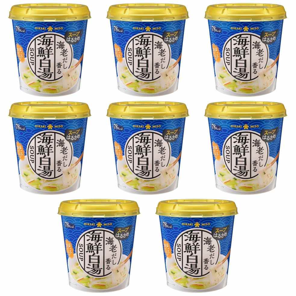【商品説明】 ひかり味噌 カップスープはるさめ 海鮮白湯 1食 の 商品概要 海鮮白湯スープはるさめ 海老のだしをメインに、鳥やあさりのだしを効かせコクと深みのある味わいに仕立てた海鮮白湯スープ。 内容量:1食 セット内容:8個 【商品スペック】 ひかり味噌 カップスープはるさめ 海鮮白湯 1食 の商品スペック その他 ●原材料:春雨:ばれいしょでん粉、緑豆でん粉、具入り粉末スープ:食塩、乾燥キャベツ、砂糖、粉末油脂、ごま、海老調味料粉末、乾燥ねぎ、チキンエキスパウダー、魚肉加工品、粉末しょうゆ、香辛料、粉末ごま油、オニオンパウダー、しいたけエキスパウダー、野菜パウダー、あさりエキスパウダー、酵母エキス/調味料(アミノ酸等)、着色料(カロテノイド・カラメル・紅麹)、微粒二酸化ケイ素、膨張材、加工でん粉、酸味料、(一部に卵、乳成分、小麦、えび、かに、ごま、大豆、鶏肉を含む) ●規格:23.3g ●アレルギー表示:卵、乳成分、小麦、えび、かに、ごま、大豆、鶏肉 他のひかり味噌の食品&飲料・お酒を探す 食品&飲料・お酒 ひかり味噌）インスタント食品 ひかり味噌）スープ・味噌汁 ひかり味噌）カップスープ ひかり味噌 メーカー都合により、パッケージや内容が変更となる場合がございます。パッケージ変更を理由とした返品は承っておりません。