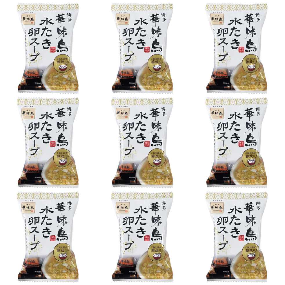 【商品説明】 トリゼンフーズ トリゼンフーズ 博多華味鳥 水たき卵スープ 6.1g の 商品概要 九州産銘柄鶏「華味鳥」の鶏肉を使用 九州産銘柄鶏「華味鳥」は澄んだ空気が満ち、陽光が降り注ぐ開放鶏舎で「華味鳥専用飼料」を与え、大切に育てられました。はっきりとした旨みと歯ごたえがあるのが特徴です。 自慢の鶏がらスープを使用しました。 鶏の足ガラと丸鶏を重ねてじっくりと炊き出す、独自の「鶏かさね炊き製法」でつくられた鶏がらスープを使用した、鶏のうまみが詰まったスープです。 卵スープとしても、雑炊としても 容器に中身をあけ、熱湯160mlを注いでかき混ぜれば卵スープに、ごはん150gの上に中身をのせ、熱湯130mlを注げば雑炊の完成です。 内容量:6.1g セット内容:9個 原産地:日本 【商品スペック】 トリゼンフーズ トリゼンフーズ 博多華味鳥 水たき卵スープ 6.1g の商品スペック 味 水たき卵 分量 1人前 他のトリゼンフーズの食品&飲料・お酒を探す 食品&飲料・お酒 トリゼンフーズ）インスタント食品 トリゼンフーズ）スープ・味噌汁 トリゼンフーズ）箱・袋スープ トリゼンフーズ アレルゲン 卵 小麦 ごま 大豆 鶏肉 豚肉 ゼラチン その他 ●原材料:チキンスープ(国内製造)、デキストリン、食塩、澱粉、動物性香味油、酵母エキスパウダー、ゼラチン、香辛料、具(鶏肉、鶏卵、ねぎ)/酸化防止剤(ビタミンE)、香料、(一部に卵・小麦・ごま・大豆・鶏肉・豚肉・ゼラチンを含む) ●ご注意:熱湯の量は、お好みに応じて加減してください。やけどに注意してください。 ●保存方法:直射日光・高温多湿をさけて、常温で保存してください。 ●本体寸法/幅×奥行×高さ(約cm):2.5×6×10 ●本体重量(約kg):0.012 ●7大アレルゲン:卵・小麦 メーカー都合により、パッケージや内容が変更となる場合がございます。パッケージ変更を理由とした返品は承っておりません。
