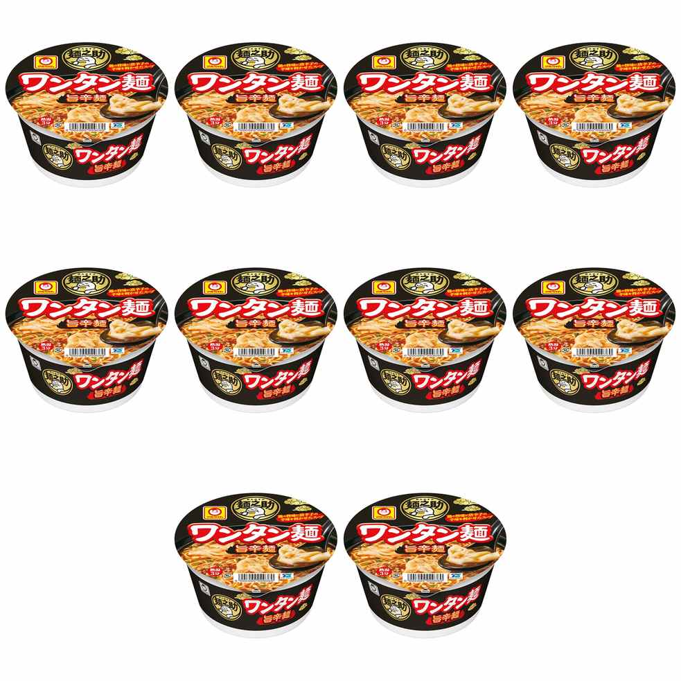【商品説明】 東洋水産 マルちゃん 麺之助 ワンタン麺 旨辛麺 75g の 商品概要 なめらかな麺にワンタン入り旨辛ラーメン チキンエキスをベースに、野菜の旨みと唐辛子などの香辛料の辛味を利かせた旨辛いスープ。 商品特徴 なめらかで歯切れが良く、弾力のある麺。オニオンとガーリックでスープとの相性を良くしました。麺重量60g。3分戻し。 内容量:75g(めん60g) セット内容:10個 原産地:日本 【商品スペック】 東洋水産 マルちゃん 麺之助 ワンタン麺 旨辛麺 75g の商品スペック 味 旨辛 麺の量 普通 麺の種類 フライ麺 他の東洋水産の食品&飲料・お酒を探す 食品&飲料・お酒 東洋水産 マルちゃん）インスタント食品 東洋水産 マルちゃん）カップ麺 東洋水産 マルちゃん）カップ麺(ラーメン) 東洋水産 マルちゃん アレルゲン ごま ゼラチン 乳 卵 大豆 小麦 豚肉 鶏肉 栄養成分表示 16.5g ※脂質 3.9g ※食塩相当量(めん・かやく:1.1g/スープ:2.8g) 353kcal ※エネルギー 42.8g ※炭水化物 8.3g ※たんぱく質 その他 ●名称:即席カップめん ●原材料名:油揚げめん(小麦粉(国内製造)、植物油脂、食塩、香辛料、粉末野菜、卵白)、かやく(ワンタン、味付鶏挽肉)、添付調味料(チキンエキス、香辛料、砂糖、食塩、粉末野菜、しょうゆ、ねぎ、植物油)/加工でん粉、調味料(アミノ酸等)、炭酸カルシウム、カラメル色素、かんすい、レシチン、クチナシ色素、酸化防止剤(ビタミンE)、ビタミンB2、ビタミンB1、(一部に小麦・卵・乳成分・ごま・大豆・鶏肉・豚肉・ゼラチンを含む) ●内容量:75g(めん60g) ●保存方法:高温多湿やにおいの強い場所、直射日光をさけ常温で保存 ●販売者:東洋水産株式会社 ●製造者:伊万里東洋株式会社 ●栄養成分表示:1食(75g)当たり。エネルギー353kcal、たん白質8.3g、脂質16.5g、炭水化物42.8g、食塩相当量3.9g(めん・かやく1.1gスープ2.8g)、ビタミンB1 0.22mg、ビタミンB2 0.20mg、カルシウム120mg ■アレルゲン情報:小麦・卵・乳成分・大豆・鶏肉・豚肉・ゼラチン・ごま メーカー都合により、パッケージや内容が変更となる場合がございます。パッケージ変更を理由とした返品は承っておりません。
