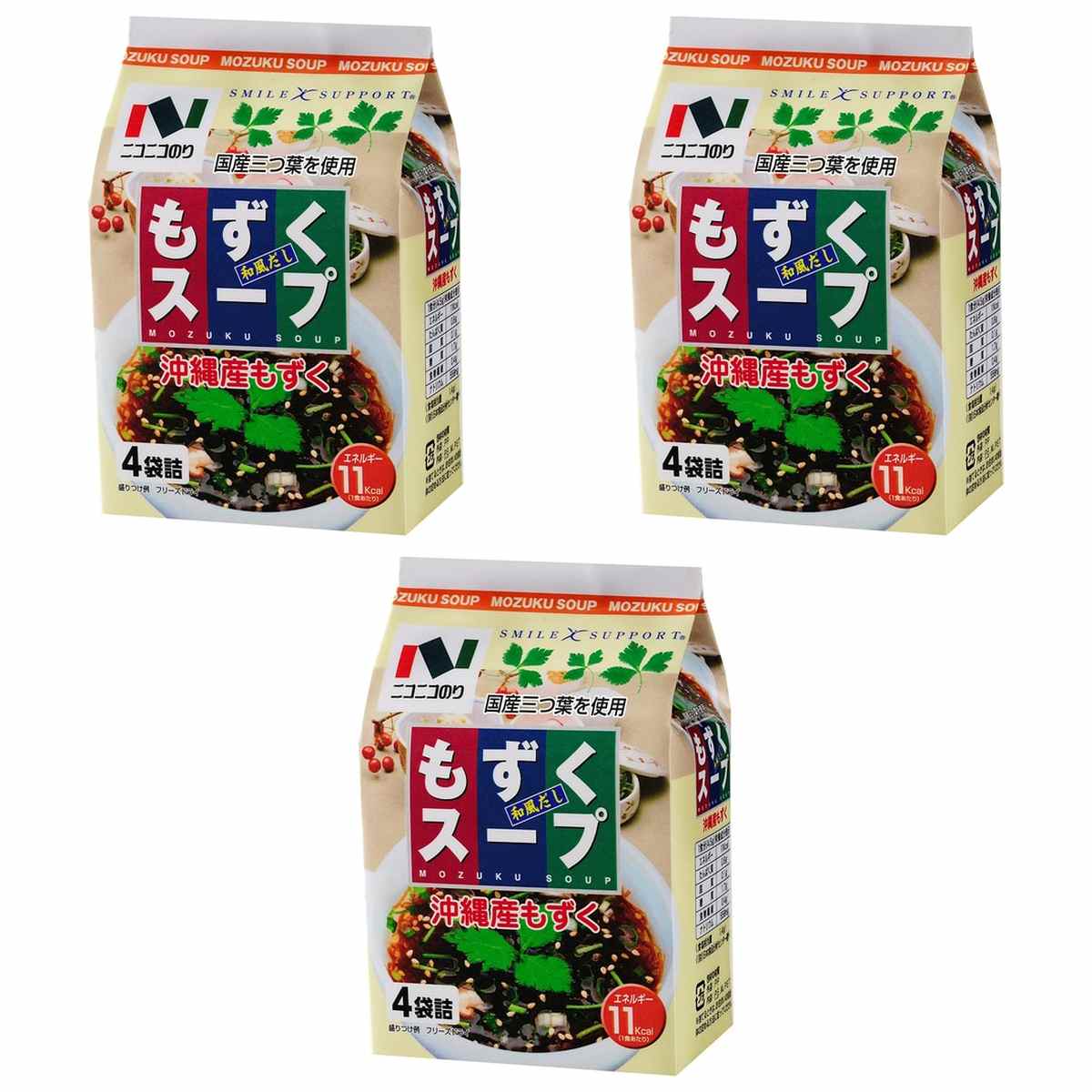 【商品説明】 ニコニコのり もずくスープ4袋 4.5g×4袋 の 商品概要 親しみ深い和風だし カツオと昆布で仕上げた上品な和風だしがもずくと良く合います。三つ葉が香る本格和風スープです。濃口しょうゆ・旨味成分強化を行い、深みのある味とコクを追求しました。 こだわりの国産原料 沖縄産のやわらかい上質なもずくを使用していますので、ツルツルした食感をお楽しみいただけます。三つ葉も産地にこだわり国産に限定しております。 うれしい低カロリー もずくは海藻ですので、かなり低カロリー。1食あたり11キロカロリーの低カロリー設計です。健康志向の方にも安心してお召し上がりいただけるスープです。 注意事項 本製品の製造工場では、「卵・乳・えび・かに」を含む商品を生産しています。 内容量:4.5g×4袋 セット内容:3個 原産地:日本 【商品スペック】 ニコニコのり もずくスープ4袋 4.5g×4袋 の商品スペック 味 もずく 分量 4人前 他のニコニコのりの食品&飲料・お酒を探す 食品&飲料・お酒 ニコニコのり）インスタント食品 ニコニコのり）スープ・味噌汁 ニコニコのり）箱・袋スープ ニコニコのり アレルゲン 小麦 ごま 大豆 ゼラチン その他 ●内容量:4.5g×4袋 ●本体寸法/幅×奥行×高さ(約cm):7×14×10 ●原材料:しょう油、デキストリン、食塩、かつお節エキス、ゼラチン、米発酵調味料、砂糖、昆布エキス、椎茸エキスパウダー、でん粉、具(もずく、三つ葉、乾しいたけ、いりごま、乾燥ねぎ/調味料(アミノ酸等)、(一部に小麦・ごま・大豆・ゼラチンを含む) ●産地:日本 ●食物アレルギー:小麦 ●保存方法:直射日光、高温・多湿をさけて、保存してください。 メーカー都合により、パッケージや内容が変更となる場合がございます。パッケージ変更を理由とした返品は承っておりません。