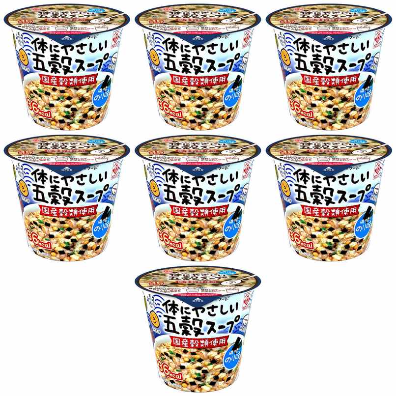 【商品説明】 ヒガシフーズ 体にやさしい五穀スープ のり味 11.3g の 商品概要 穀類はすべて国内産の低カロリースープ 5つの穀類(玄米、黒米、胚芽押麦、もち粟、もちきび、小豆)を磯の風味豊かなスープと一緒にお召し上がりください。 内容量:11.3g セット内容:7個 原産地:日本 【商品スペック】 ヒガシフーズ 体にやさしい五穀スープ のり味 11.3g の商品スペック その他 ●内容量:11.3g ●名称:カップ五穀スープのり味 ●原材料名:穀類加工品(国内製造)(玄米、黒米、胚芽押麦、挽割小豆、もち粟、もちきび)、具入り粉末スープ(食塩、粉末しょうゆ、あられ、デキストリン、砂糖、ねぎ、のり、あおのり、酵母エキスパウダー、かつお節粉末、しいたけエキスパウダー、たん白加水分解物、乳糖、ごま油/調味料(アミノ酸等)、リン酸Ca、増粘剤(キサンタン)、微粒二酸化ケイ素、香料、(一部に小麦・乳成分・大豆・ごまを含む) ●食物アレルギー:小麦・乳成分・大豆・ごま 他のヒガシフーズの食品&飲料・お酒を探す 食品&飲料・お酒 ヒガシフーズ）インスタント食品 ヒガシフーズ）スープ・味噌汁 ヒガシフーズ）カップスープ ヒガシフーズ メーカー都合により、パッケージや内容が変更となる場合がございます。パッケージ変更を理由とした返品は承っておりません。