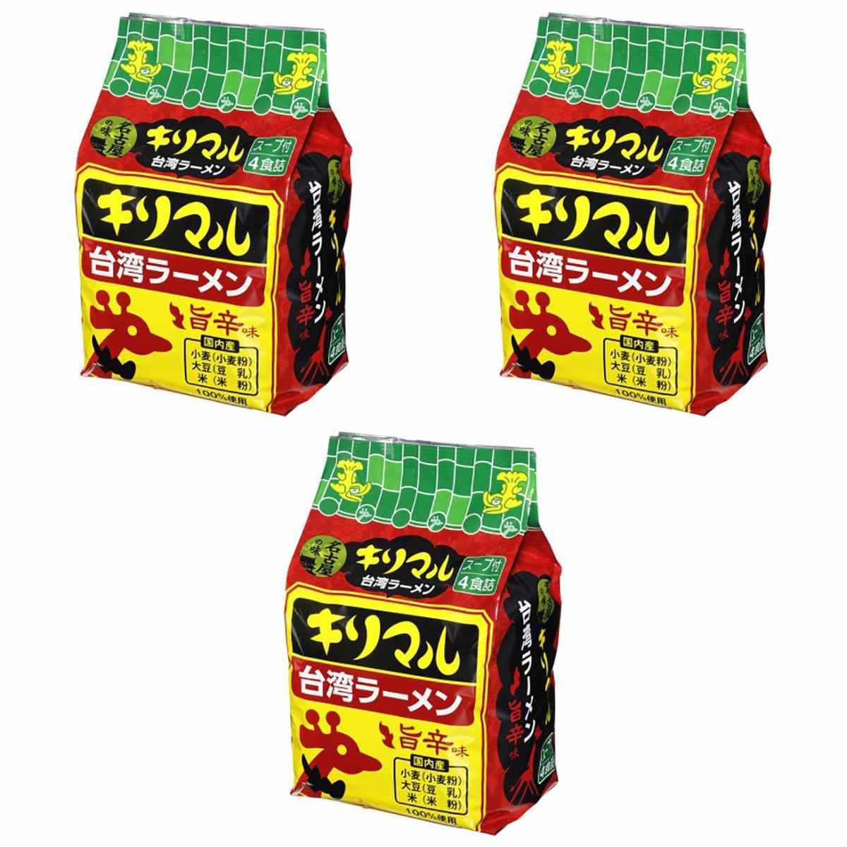 【商品説明】 小笠原製粉 キリマル 台湾ラーメン4食詰 旨辛味 の 商品概要 特徴 キリマルラーメンシリーズに、名古屋の味「キリマル台湾ラーメン」が発売です!オールスパイスが効いた旨辛味の醤油スープに、トウガラシで辛く味付けして炒めた豚挽き肉・ニラ・長ねぎ・もやしなどをトッピングしてお召し上がりください。 ※中身の個装は簡易包装となります。 ※国産主原料を使用(小麦粉・豆乳・米粉) キリマルラーメンとは 「キリマルラーメン」は、昭和40年に愛知県碧南市を中心として西三河地方で発売された、地元では知らない人はいない!というほどの地元のソウルフードです。平成10年に一時生産を中止しましたが、地元の方の熱い要望で復活しました。 地元へのご恩返し「碧南の宝物」 キリマルラーメンは地元の方に助けられて、復活を遂げました。地元の方にご恩返しがしたいと、小麦、大豆、米の原材料の大半は地元の農作物を中心に使用しています。(国内産100%)その原材料の特徴を活かし、碧南の宝物である「キリマルラーメン」は作られています。 品質への取り組み 自社の研究室にて日々品質の安定を確認しながら、より良い製品つくりを研究しております。 内容量:362g(めん320g) セット内容:3個 原産地:日本 【商品スペック】 小笠原製粉 キリマル 台湾ラーメン4食詰 旨辛味 の商品スペック アレルゲン ゼラチン 大豆 小麦 豚肉 他の小笠原製粉の食品&飲料・お酒を探す 食品&飲料・お酒 小笠原製粉）インスタント食品 小笠原製粉）袋麺 小笠原製粉）袋麺(ラーメン) 小笠原製粉 その他 ●内容量:362g(めん320g) ●名称:即席中華めん ●食物アレルギー:小麦・大豆・豚肉・ゼラチン ●原材料:油揚げめん[小麦粉(小麦(国産))、植物油脂(パーム油)、豆乳(大豆(国産))、米粉(米(国産))、食塩/かんすい、(一部に小麦・大豆を含む)]、スープ[食塩、砂糖、粉末しょうゆ、ガーリックパウダー、ポークエキス、唐辛子、酵母エキス調味料、オニオンパウダー、オールスパイス、植物油脂/調味料(アミノ酸等)、着色料(カラメル、ベニコウジ)、香辛料抽出物、(一部に小麦・大豆・豚肉・ゼラチンを含む] ●保存方法:高温多湿・香りの強い場所・直射日光を避け、常温で保存 ●栄養成分・1食あたり(めん80g、スープ10.5g) ・エネルギー:411kcal ・たんぱく質:9.0g ・脂質:16.9g ・炭水化物:55.7g ・食塩相当量:5.7g(めん0.5g、スープ5.2g)(推定値) メーカー都合により、パッケージや内容が変更となる場合がございます。パッケージ変更を理由とした返品は承っておりません。