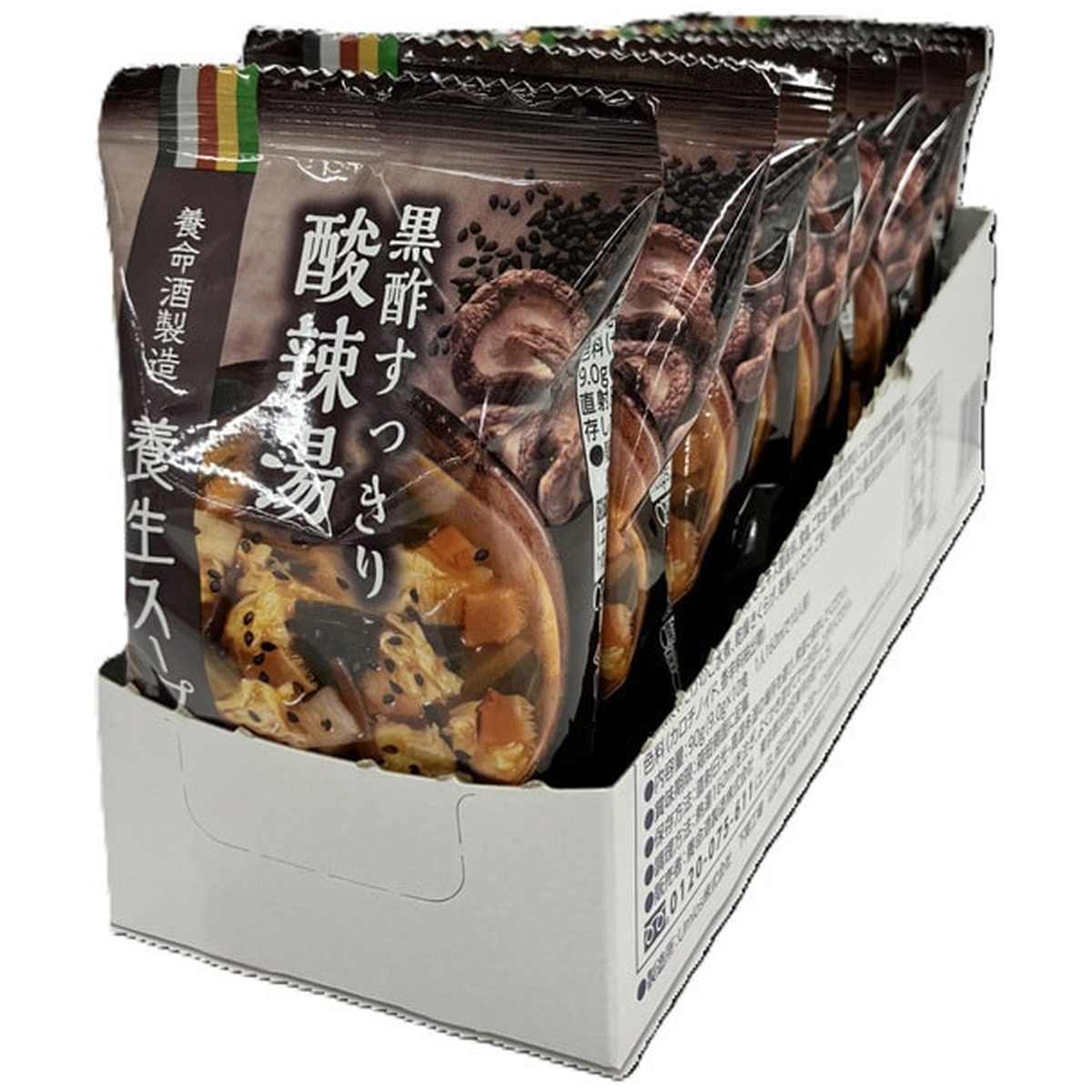 【商品説明】 養命酒製造 養生スープ 黒酢すっきり 酸辣湯 10食入 の 商品概要 ごまの香ばしさと黒酢の深みある芳醇な香りが特徴の酸辣湯 牡蠣の旨味あるベースに黒酢の酸味とコクが効いた酸辣湯です。ごまの香ばしさと黒酢の深みある芳醇な香りが口の中に広がります。黒ごま、きくらげ、たまご、小松菜を合わせたことで、豊かな彩りと食感が楽しめます。気持ちのリセット&すっきりリフレッシュしたい時におすすめです。 1食当たり食物繊維3.3g含有。 調理方法 熱湯160mLを注ぎ、よくかき混ぜてからお召し上がりください。 内容量:9.0g×10食 セット内容:1個 原産地:日本 【商品スペック】 養命酒製造 養生スープ 黒酢すっきり 酸辣湯 10食入 の商品スペック 味 酸辣湯 分量 10食 アレルゲン 小麦 卵 ごま 大豆 鶏肉 豚肉 他の養命酒製造の食品&飲料・お酒を探す 食品&飲料・お酒 養命酒製造）インスタント食品 養命酒製造）スープ・味噌汁 養命酒製造）箱・袋スープ 養命酒製造 栄養成分表示 37kcal ※エネルギー(1食あたり) 1.3g ※たんぱく質 1.3g ※脂質 4.8g ※炭水化物 1.5g ※糖質 3.3g ※食物繊維 1.1g ※食塩相当量 その他 ●内容量:9.0g×10食 ●名称:養生スープ酸辣湯×10 ●原材料名:黒酢、難消化性デキストリン、チキンエキス調味料(小麦を含む)、たん白加水分解物(豚肉を含む)、しょうゆ(大豆を含む)、かきエキス調味料、食塩、ごま油、砂糖、香味油、でん粉、具(全液卵(国内製造)、小松菜、たけのこ水煮、乾燥きくらげ、乾燥しいたけ、ごま)/増粘剤(グァー)、酸化防止剤(V.E、V.C)、着色料(カロチノイド、香辛料抽出物) ●保存方法:直射日光・高温多湿の場所を避け、常温で保存してください。 ●栄養成分表示:1食あたり、エネルギー37kcal、たんぱく質1.3g、脂質1.3g、炭水化物4.8g、糖質1.5g、食物繊維3.3g、食塩相当量1.1g ●本品に使用しているアレルギー物質:小麦・卵・ごま・大豆・鶏肉・豚肉 メーカー都合により、パッケージや内容が変更となる場合がございます。パッケージ変更を理由とした返品は承っておりません。