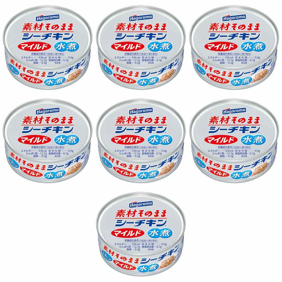 【商品説明】 はごろもフーズ 素材そのままシーチキンマイルド 70g の 商品概要 素材そのままシーチキン かつおを使用した水煮タイプのシーチキンです。食品添加物を使用せず、魚が本来持っている素材のうま味を引き出しました。 取り扱いの注意 ●切り口でケガ注意 ●まれに原料由来の骨・黒い皮・血合などが入る場合があります。 内容量:70g セット内容:7個 【商品スペック】 はごろもフーズ 素材そのままシーチキンマイルド 70g の商品スペック その他 ●内容量:70g ●名称:かつお水煮(フレーク) ●原材料:かつお(輸入又は国産)、かつお節エキス、食塩、かつおエキス ●栄養成分表示(1缶当り・液汁含む) エネルギー:53kcal たんぱく質:12.7g 脂質:0.2g 炭水化物:0.0g 食塩相当量:0.7g ●食物アレルギー:なし ●産地:かつお(輸入又は国産) ●保存方法:常温 他のはごろもフーズの食品&飲料・お酒を探す 食品&飲料・お酒 はごろもフーズ）缶詰・瓶詰・パウチ はごろもフーズ）ツナ・さば・鮭など魚介類 はごろもフーズ）ツナ(マグロ・カツオ) はごろもフーズ メーカー都合により、パッケージや内容が変更となる場合がございます。パッケージ変更を理由とした返品は承っておりません。