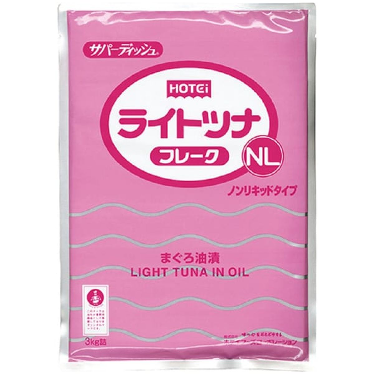 【商品説明】 ホテイフーズ ライトツナフレークNL(タイ産) 3kg の 商品概要 大容量 業務用サイズの大容量商品! ジューシーな油漬 液量が少ないタイプです。 内容量:3000g セット内容:1個 【商品スペック】 ホテイフーズ ライトツナフレークNL(タイ産) 3kg の商品スペック 内容量 3000g アレルゲン 大豆 他のホテイフーズの食品&飲料・お酒を探す 食品&飲料・お酒 ホテイフーズ）缶詰・瓶詰・パウチ ホテイフーズ）ツナ・さば・鮭など魚介類 ホテイフーズ）ツナ(マグロ・カツオ) ホテイフーズ 栄養成分表示 198kcal ※エネルギー(100g当たり) 22.3g ※たんぱく質 12.0g ※脂質 0.1g ※炭水化物 0.7g ※食塩相当量 その他 ●内容量:3kg ●名称:まぐろ油漬・フレーク ●食物アレルギー:大豆 ●原材料:きはだまぐろ、大豆油、野菜エキス、食塩/調味料(アミノ酸) ●産地:タイ ●保存方法:常温 ●栄養成分:100g当たり エネルギー198kcal、たんぱく質22.3g、脂質12.0g、炭水化物0.1g、食塩相当量0.7g メーカー都合により、パッケージや内容が変更となる場合がございます。パッケージ変更を理由とした返品は承っておりません。