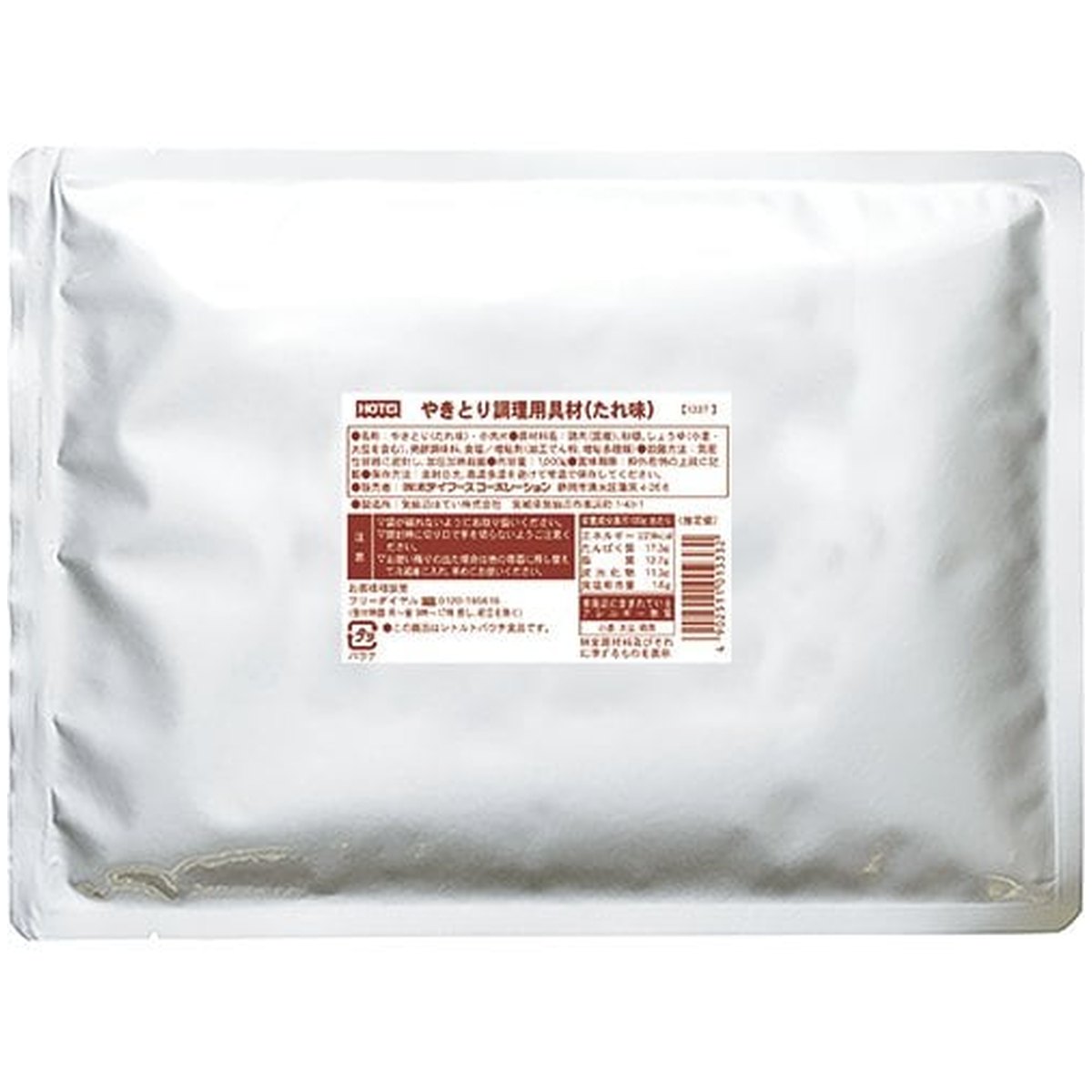【商品説明】 ホテイフーズ やきとり調理用具材(たれ味) 1000g の 商品概要 フィリング材に便利 おにぎりの具材やパンのフィリング材として使いやすいカットサイズです。 内容量:1000g セット内容:1個 原産地:日本 【商品スペック】 ホテイフーズ やきとり調理用具材(たれ味) 1000g の商品スペック その他 ●内容量:1000g ●名称:やきとり(たれ味) ●食物アレルギー:小麦・大豆・鶏肉 ●原材料:鶏肉(国産)、砂糖、しょうゆ(小麦・大豆を含む)、発酵調味料、食塩/増粘剤(加工でん粉、増粘多糖類) ●産地:国内製造 ●保存方法:常温 ●栄養成分(100g当たり):エネルギー 229kcal、たんぱく質17.3g、脂質12.7g、炭水化物11.3g、食塩相当量1.6g 他のホテイフーズの食品&飲料・お酒を探す 食品&飲料・お酒 ホテイフーズ）缶詰・瓶詰・パウチ ホテイフーズ）焼き鳥・カレーなどおかずや惣菜 ホテイフーズ メーカー都合により、パッケージや内容が変更となる場合がございます。パッケージ変更を理由とした返品は承っておりません。