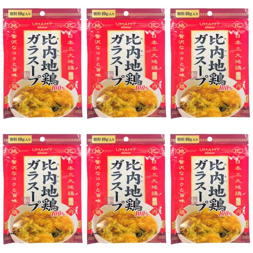 【商品説明】 UMAMY 比内地鶏ガラスープ 小袋 顆粒 40g の 商品概要 主な特徴 日本三大美味鶏「比内地鶏(ひないじどり)」 100%使用の顆粒中華だし 。丸鶏ガラを煮出したスープを顆粒状にして旨味を凝縮。スープでも炒めものでも使いやすく仕上げました。いつものお料理にサッとひとさじ、 うまみをプラスする万能調味料です 。 ・化学調味料不使用 ・比内地鶏 100% ・比内地鶏業界初の顆粒状だし UMAMYについて 秋田の恵みを大切に、多くの方に秋田の旨みをもっと身近に感じていただきたい──。「おいしい秋田をぎゅっとひとさじ。」をコンセプトに手軽で日常使いの商品づくりをしています。 ご使用の目安(小さじ1=2.5g) ・スープ(お湯300mlに溶かしてください)・・・小さじ2杯 ・チャーハン(ごはん300g、卵、肉、野菜などお好みで)・・・小さじ3杯 ※味の濃さはお好みで調節ください。 内容量:40g セット内容:6個 原産地:日本 【商品スペック】 UMAMY 比内地鶏ガラスープ 小袋 顆粒 40g の商品スペック その他 ●内容量:40g ●名称:だしの素 ●食物アレルギー:鶏肉・大豆 ●原材料:鶏肉・大豆 ●原材料:食塩(国内製造)、デキストリン、砂糖、チキンエキスパウダー、酵母エキスパウダー、オニオンパウダー、たん白加水分解物、香辛料、食用植物油脂、澱粉、(一部に大豆・鶏肉を含む) ●保存方法:高温多湿を避け、常温で保存してください。 他のUMAMYの食品&飲料・お酒を探す 食品&飲料・お酒 UMAMY）調味料・油・スパイス UMAMY）中華だし UMAMY メーカー都合により、パッケージや内容が変更となる場合がございます。パッケージ変更を理由とした返品は承っておりません。