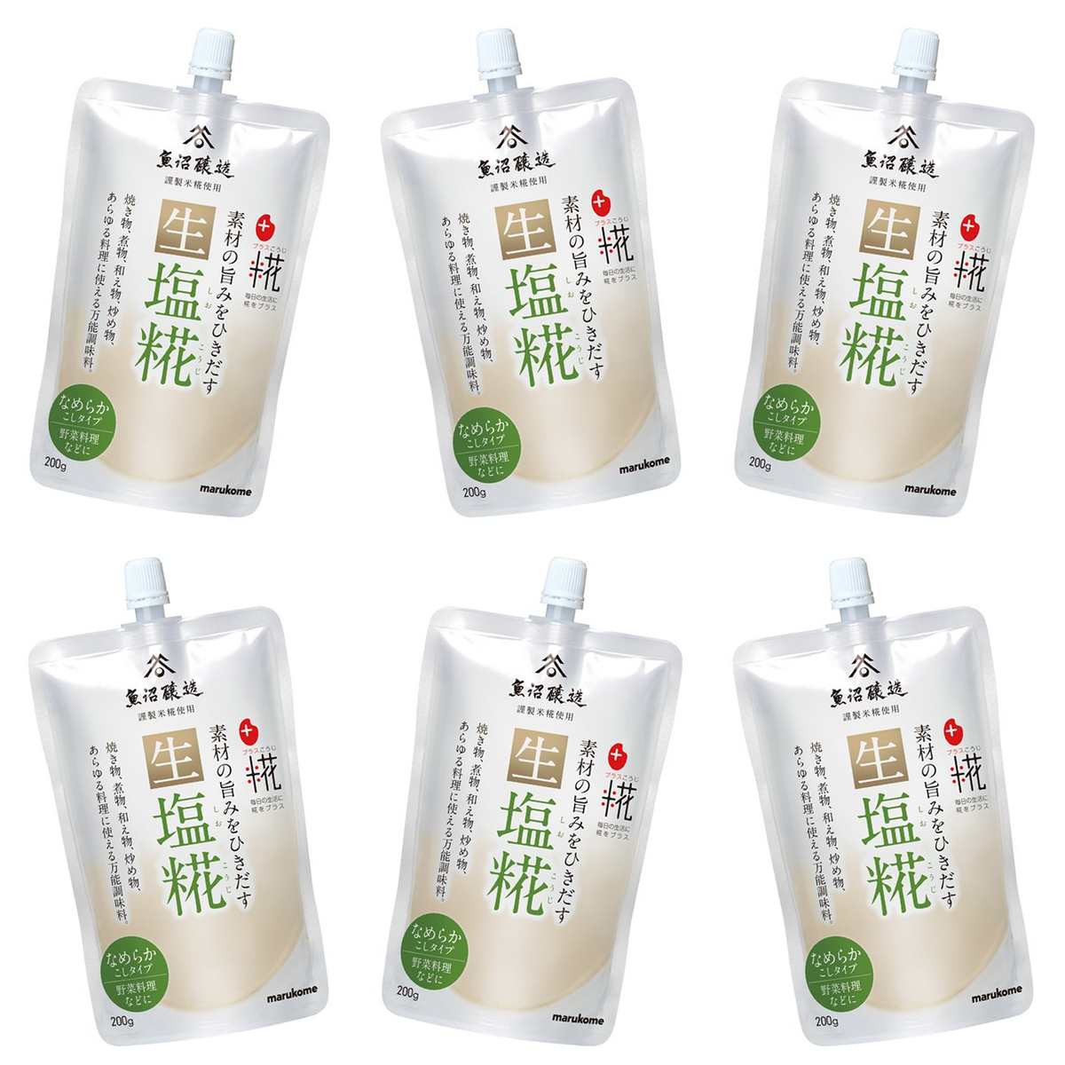 【商品説明】 マルコメ プラス糀 生塩糀 こしタイプ 200g の 商品概要 素材の旨みを引き出す万能塩糀 酵素のちからで肉魚の旨みを引き出す塩糀。クセがなく様々な料理に使えます。 万能調味料 自然な甘みと旨味を持つ万能調味料。 内容量:200g セット内容:6個 原産地:日本 【商品スペック】 マルコメ プラス糀 生塩糀 こしタイプ 200g の商品スペック その他 ●名称:米こうじ加工品 ●原材料名:米こうじ(国内製造)、食塩/酒精 ●内容量:200g ●保存方法:直射日光を避け、涼しいところで保存してください。 ●栄養成分表示(大さじ約1杯(15g)当たり) エネルギー:29kcal たんぱく質:0.4g 脂質:0.09g 炭水化物:6.3g 食塩相当量:1.4g ナトリウム:543g ●アレルゲン情報:無し 他のマルコメの食品&飲料・お酒を探す 食品&飲料・お酒 マルコメ）調味料・油・スパイス マルコメ）麹 マルコメ メーカー都合により、パッケージや内容が変更となる場合がございます。パッケージ変更を理由とした返品は承っておりません。