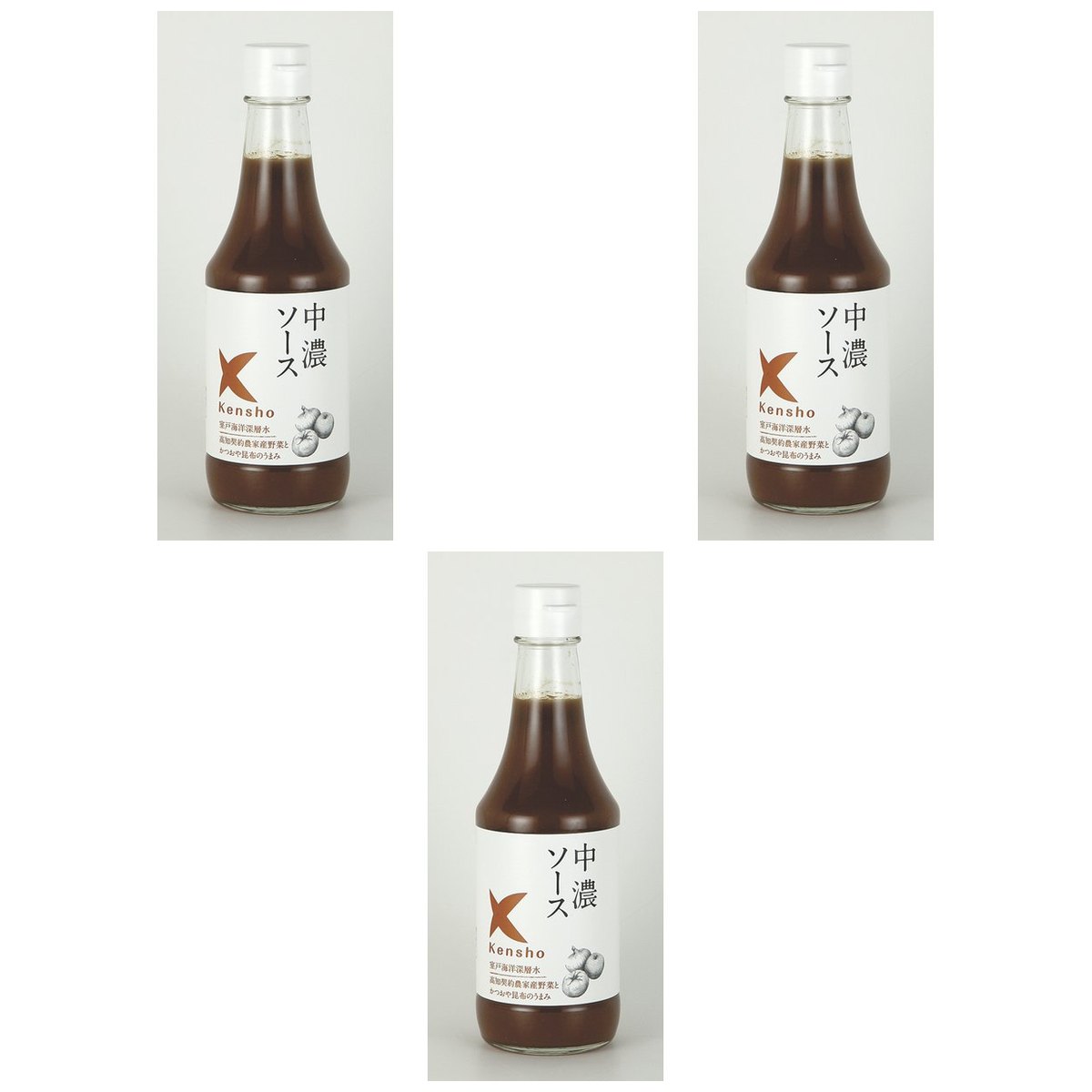 【商品説明】 ケンシヨー食品 中濃ソース 300ml の 商品概要 特徴 ミネラルを含む室戸海洋深層水や昆布、かつおのだしを使い素材のコクや自然の風味を引き出しました。 内容量:(ml) 300ml セット内容:3個 【商品スペック】 ケンシヨー食品 中濃ソース 300ml の商品スペック 種類 中濃 容量(ml) 300ml アレルゲン 小麦 りんご 他のケンシヨー食品の食品&飲料・お酒を探す 食品&飲料・お酒 ケンシヨー食品）調味料・油・スパイス ケンシヨー食品）ウスター・中濃ソース ケンシヨー食品 栄養成分表示 140kcal ※エネルギー(100g当たり) 0.6g ※たんぱく質 0.2g ※脂質 34.2g ※炭水化物 4.3g ※食塩相当量 その他 ●原材料名:砂糖、野菜・果実(りんご、温州みかん、トマト、玉葱、にんにく)海洋深層水、米酢、食塩、米発酵調味料、でんぷん、香辛料、昆布エキス、かつお節エキス、(一部に小麦・りんごを含む) ●内容量:300ml ●本体寸法/奥行6.4×幅6.4×高さ20cm ●本体重量570g メーカー都合により、パッケージや内容が変更となる場合がございます。パッケージ変更を理由とした返品は承っておりません。