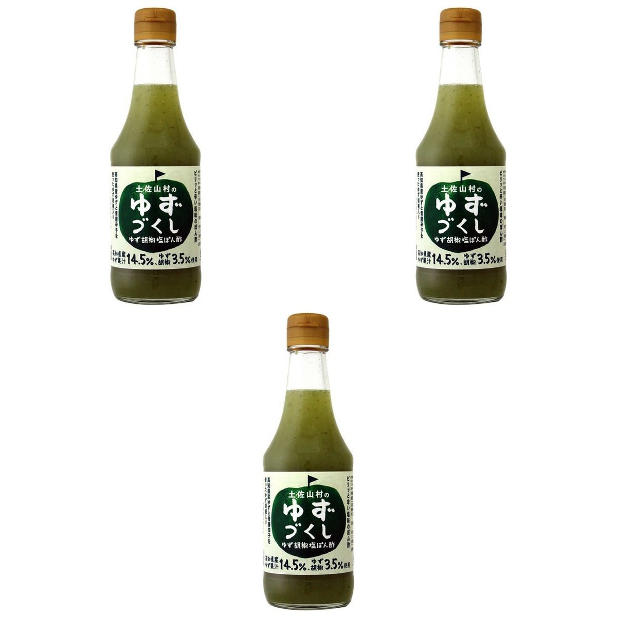 【商品説明】 旭フレッシュ ゆずづくし ゆず胡椒塩ぽん酢 335g の 商品概要 高知県産ゆず果汁使用 高知県産ゆず果汁を使用した塩ぽん酢に、高知県産ゆず胡椒を加えました。 ゆずの風味が特徴 ピリリとした辛みと、ゆずの風味。食欲をそそる、うま辛ぽん酢です。 幅広い料理に使用可 鍋、焼肉、揚げ物、サラダ、炒め物など幅広い料理に使用できます。 内容量:335g セット内容:3個 【商品スペック】 旭フレッシュ ゆずづくし ゆず胡椒塩ぽん酢 335g の商品スペック その他 ●内容量:335g ●原材料:ゆず果汁、ぶどう糖果糖液糖、醸造酢、食塩、ゆずこしょう、かつおだし/調味料(アミノ酸等)、増粘剤(キサンタン)、紅花色素、クチナシ色素 他の旭フレッシュの食品&飲料・お酒を探す 食品&飲料・お酒 旭フレッシュ）調味料・油・スパイス 旭フレッシュ）ポン酢 旭フレッシュ メーカー都合により、パッケージや内容が変更となる場合がございます。パッケージ変更を理由とした返品は承っておりません。