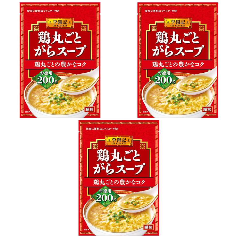 【商品説明】 エスビー食品 S&B 李錦記 鶏丸ごと がらスープ 袋 200g の 商品概要 鶏のおいしさを丸ごと引きだした味わい 鶏肉、鶏がら、鶏油を使用して、鶏のおいしさを丸ごと引き出した味わいが特徴です。固まりにくい顆粒タイプなので、中華スープや野菜炒め、炒飯など幅広い料理にご使用いただけます。 内容量:200g セット内容:3個 原産地:日本 【商品スペック】 エスビー食品 S&B 李錦記 鶏丸ごと がらスープ 袋 200g の商品スペック その他 ●名称:だしの素(鶏がらスープの素) ●原材料名:食塩(国内製造)、チキンパウダー、砂糖、乳糖、チキンオイル、チキンエキスパウダー、酵母エキスパウダー、オニオンエキスパウダー、粉末油脂、香辛料/調味料(アミノ酸等)、加工デンプン、香料、酸化防止剤(ビタミンE)、(一部に小麦・乳成分・大豆・鶏肉・豚肉を含む) ●内容量:200g ●保存方法:直射日光、高温多湿を避けて保存してください。 ●販売者:エスビー食品株式会社 ●栄養成分表示:小さじ1(2.5g)あたり。エネルギー6kcal、 たんぱく質0.4g、脂質0.2g、炭水化物0.7g、食塩相当量1.1g ■アレルゲン情報:「小麦」「乳」「大豆」「鶏肉」「豚肉」を含む原材料を使用しています。 他のエスビー食品の食品&飲料・お酒を探す 食品&飲料・お酒 エスビー食品 S&B）調味料・油・スパイス エスビー食品 S&B）中華だし エスビー食品 S&B メーカー都合により、パッケージや内容が変更となる場合がございます。パッケージ変更を理由とした返品は承っておりません。