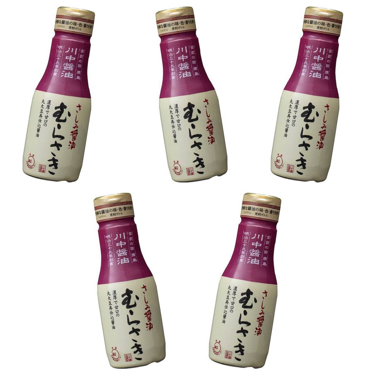 【商品説明】 川中醤油 さしみ醤油むらさきボトル 200ml の 商品概要 濃厚で甘口の丸大豆再仕込醤油 濃厚なうま味と甘味が素材の味を引き立てます。瀬戸内地方で刺身用として親しまれてきた再仕込醤油で、原料に丸大豆を用いてまろやかで風味豊かに仕上げました。 密封ボトルで鮮度長持ちです。 鮮度長持ちの密封ボトルを採用。さしみ・すし様に最適です。 内容量:(ml) 200ml セット内容:5個 【商品スペック】 川中醤油 さしみ醤油むらさきボトル 200ml の商品スペック 容量(ml) 200ml 他の川中醤油の食品&飲料・お酒を探す 食品&飲料・お酒 川中醤油）調味料・油・スパイス 川中醤油）醤油 川中醤油 その他 ●名称:さいしこみしょうゆ(本醸造) ●原材料名:大豆(アメリカ、遺伝子組換えでない)、小麦、食塩、砂糖混合ぶどう糖果糖液糖、砂糖/アルコール、調味料(アミノ酸等)、酸味料、甘味料(甘草)、ビタミンB1 ●内容量:200ml ●保存方法:直射日光・高温をさけ保存 ●栄養成分表示:大さじ1杯(15ml)当り。熱量23kcal、たんぱく質1.9g、脂質0g、炭水化物3.9g、食塩相当量2.0g ■アレルゲン情報:小麦・大豆 メーカー都合により、パッケージや内容が変更となる場合がございます。パッケージ変更を理由とした返品は承っておりません。