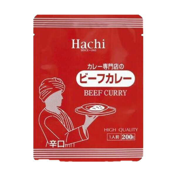 20種以上のスパイスをブレンドしたカレー粉と、丹念に煮込んだカレールゥを使用したロースト感のある辛口タイプのビーフカレー！ レトルト食品第1号商品。カレー専門店のビーフカレー 1990年に発売し、2020年に30周年を迎えるロングセラー商品です。 ハチ食品は世界各地の良質な原料スパイスを選定し、常に多くのスパイスを常備しております。 ※パッケージ・内容等予告なく変更する場合がございます。予めご了承ください。 名称 ハチカレー 専門店のビーフカレー 辛口 200g 原材料 野菜（玉ねぎ（中国又は国産）、人参）、豚脂、小麦粉、牛肉、砂糖、カレー粉、食塩、トマトペースト、ビーフエキス、大豆たん白末、香辛料、しょうがペースト、にんにくペースト、酵母エキス／調味料（アミノ酸等）、着色料（カラメル、ココア）、乳化剤、香料、（一部に小麦・牛肉・大豆を含む） 栄養成分 (1袋(200g)あたり)エネルギー249kcal、たんぱく質5.8g、脂質16.6g、炭水化物19.2g、ナトリウム1092mg、食塩相当量2.8g 賞味期限 (メーカー製造日より)24ヶ月 メーカー ハチ食品株式会社 区分 食品 広告文責 ブルーコンシャスグループ株式会社 0120-546-395 配送について 代金引換はご利用いただけませんのでご了承くださいませ。 通常ご入金確認が取れてから3日&#12316;1週間でお届けいたしますが、物流の状況により2週間ほどお時間をいただくこともございます また、この商品は通常メーカーの在庫商品となっておりますので、メーカ在庫切れの場合がございます。その場合はキャンセルさせていただくこともございますのでご了承くださいませ。 送料 送料無料