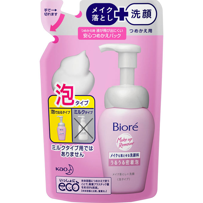 密着泡でメイクも皮脂も1度にオフ！ メイク落としと洗顔が一度にできる泡タイプの洗浄料。 ダブル洗顔はいりません。洗い上がりはすっきり。 ●素肌の時の洗顔料としても使えます ●手や顔がぬれていても使えます ●やさしいフルーティローズの香り たっぷりの美容化粧水成分（保湿成分）で、みずみずしいうるおい肌へ。 グリセリン・ノバラエキス・ローヤルゼリーエキス配合。 名称 メイクも落とせる洗顔料 うるうる密着泡 詰替用 140ml 内容量 140ml 成分 水、グリセリン、PPG-9ジグリセリル、ラウリルヒドロキシスルタイン、デシルグルコシド、エタノール、ラウリン酸、ミリスチン酸、パルミチン酸、ラウレス硫酸Na、水酸化K、水酸化Na、ノバラエキス、ローヤルゼリーエキス、BG、エトキシジグリコール、ベタイン、フェノキシエタノール、香料 使用方法 泡にならない・ポンプが押せなくなるので、以下のことにご注意ください。 必ず[ビオレメイクも落とせる洗顔料泡]の使用済み容器につめかえてください。 ミルクタイプにはつめかえないでください ●必ず使い切ってから全量つめかえてください。 ●つぎたしは、しないでください。 ●他の製品や異なった製造番号のものが混ざらないようにしてください。 ・つめかえ前にボトルの中とポンプ部分を水道水でよく洗い、水気を切ってください。ポンプ部分は逆さにして数回押し、ポンプ内に残った液も出し切ってください。 ・つめかえ後、パック右下の製造番号を控えておいてください。お問合せの際に必要な場合があります。 ・衛生的にお使いいただくために、2〜3回つめかえた後には、新しい容器にお取替えいただくことをおすすめします。 ●適量（ポンプ2〜3押し程度）を手に取って洗い、あとはよく流します。落ちにくいメイクの時は、量を多めにして洗ってください。 ●直接水がかかる状態でポンプを押さないでください。 ●「うるうる密着泡」以外の商品をつめかえないでください。 使用上の注意 容器は振らない。傾けて使用しない。 泡にならないことがあります。 ●傷、はれもの、湿疹等異常のあるところには使わない。 ●肌に異常が生じていないかよく注意して使う。肌に合わない時、使用中に赤み、はれ、かゆみ、刺激、色抜け（白斑等）や黒ずみ等の異常が出た時、直射日光があたって同様の異常が出た時は使用を中止し、皮フ科医へ相談する。使い続けると症状が悪化することがある。 ●目に入らないよう注意し、入った時は、すぐに充分洗い流す。 ●誤飲等を防ぐため置き場所に注意する。 区分 日本製/化粧品 メーカー 花王株式会社 広告文責 ブルーコンシャスグループ株式会社 0120-546-395 配送について 代金引換はご利用いただけませんのでご了承くださいませ。 通常ご入金確認が取れてから3日&#12316;1週間でお届けいたしますが、物流の状況により2週間ほどお時間をいただくこともございます また、この商品は通常メーカーの在庫商品となっておりますので、メーカ在庫切れの場合がございます。その場合はキャンセルさせていただくこともございますのでご了承くださいませ。 送料 送料無料