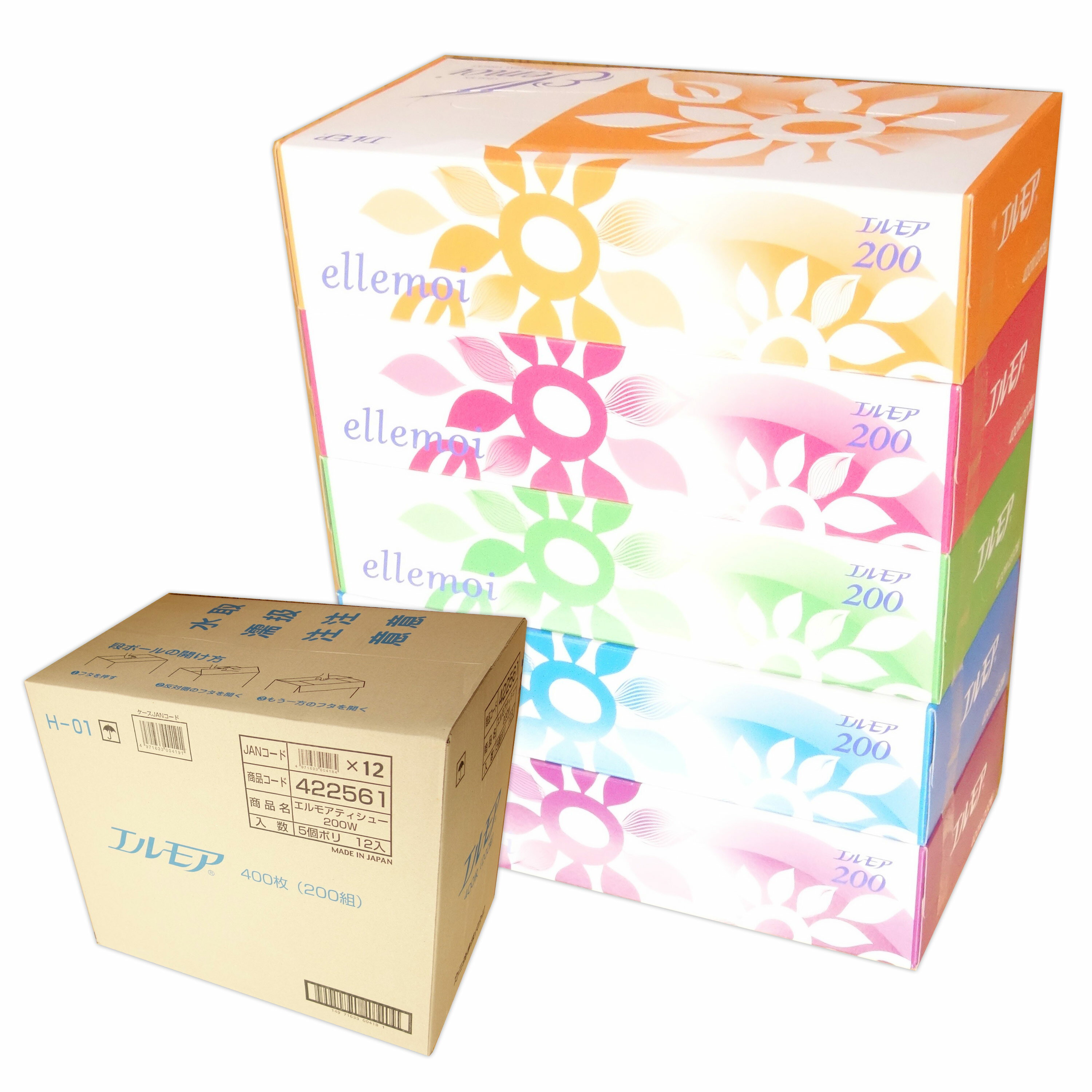 エルモア ティシュー 200組 60箱（5箱×12パック）【カミ商事 140サイズ】【422561】