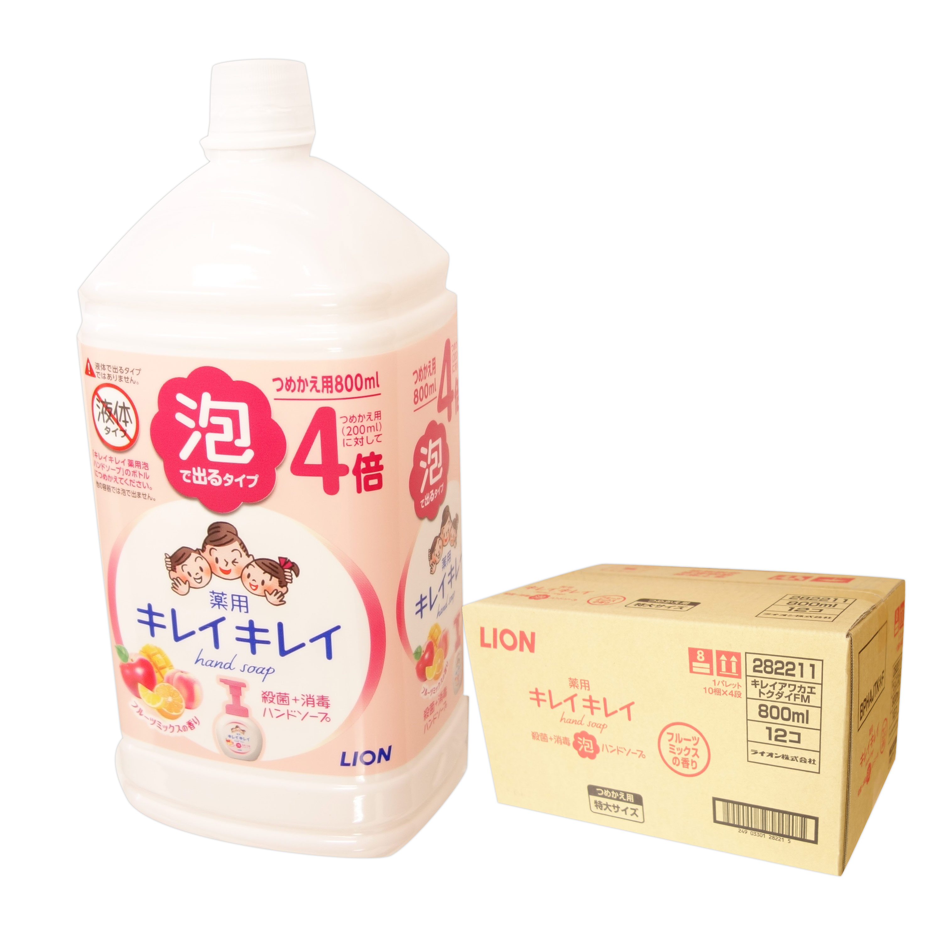キレイキレイ 薬用 泡ハンドソープ フルーツミックスの香り つめかえ用 800ml × 12本 【ライオン LION ゆう100サイズ 佐川140サイズ】【282211】