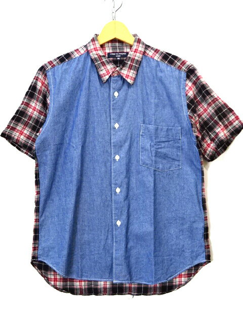 【中古】古着 COMME des GARCONS コムデギャルソン チェック シャンブレー 切替 シャツ 半袖 S/S HE-B128 メンズ トップス サイズ XS ブルー系