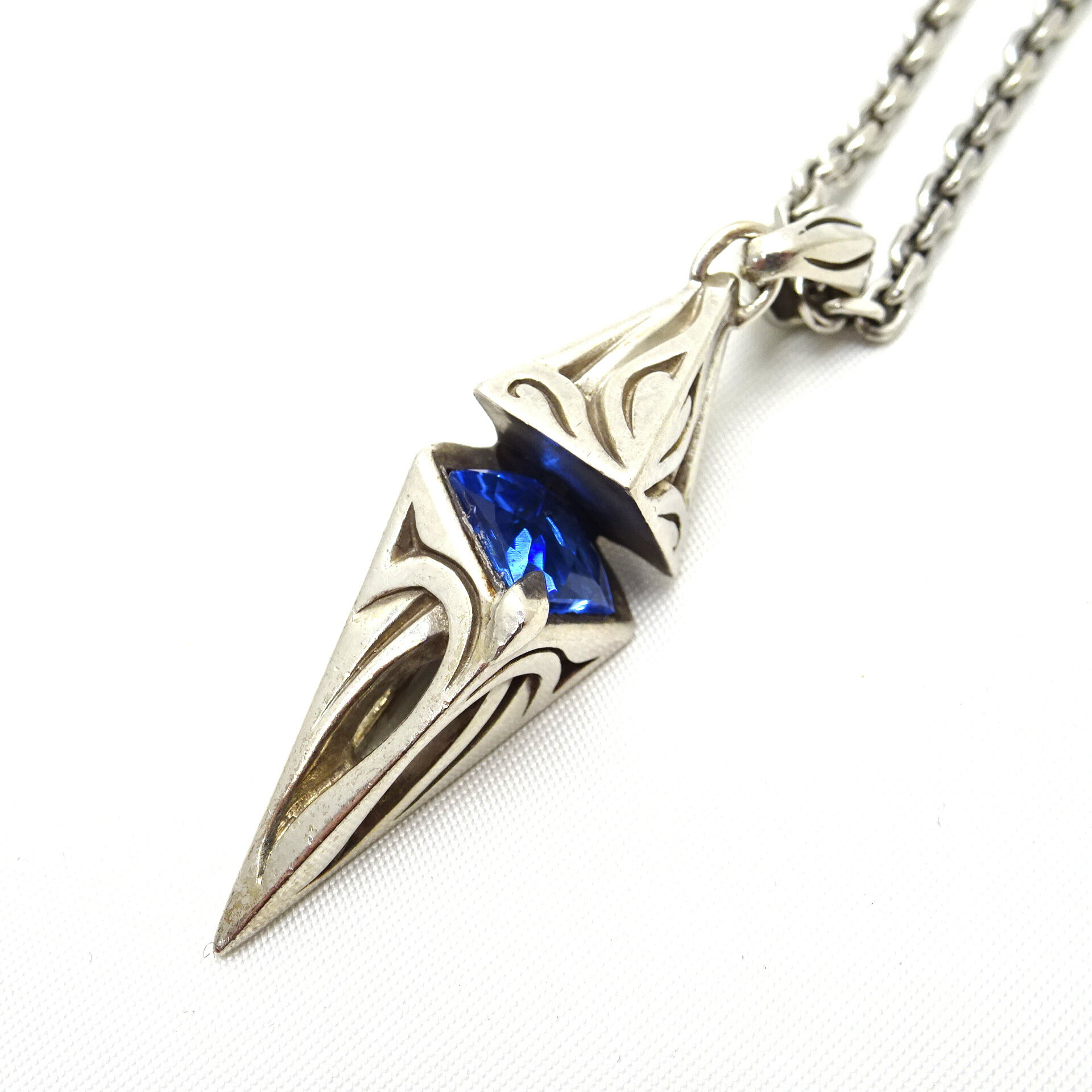 【中古】 M's collection エムズコレクション ペンディラム トライバル ネックレス ブルー クウォーツ 石付 唐草 ペンダント シルバー SV92...