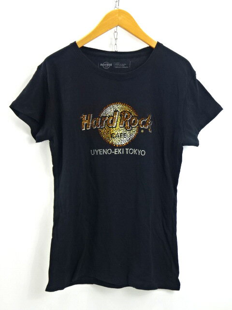 【中古】古着 Hard Rock Cafe ハードロックカフェ ラインストーン Tシャツ UENOEKI TOKYO 上野駅東京 半袖 S/S コットン ロゴ USED ユーズド レディース トップス カットソー 中国製 サイズ L ブラック系