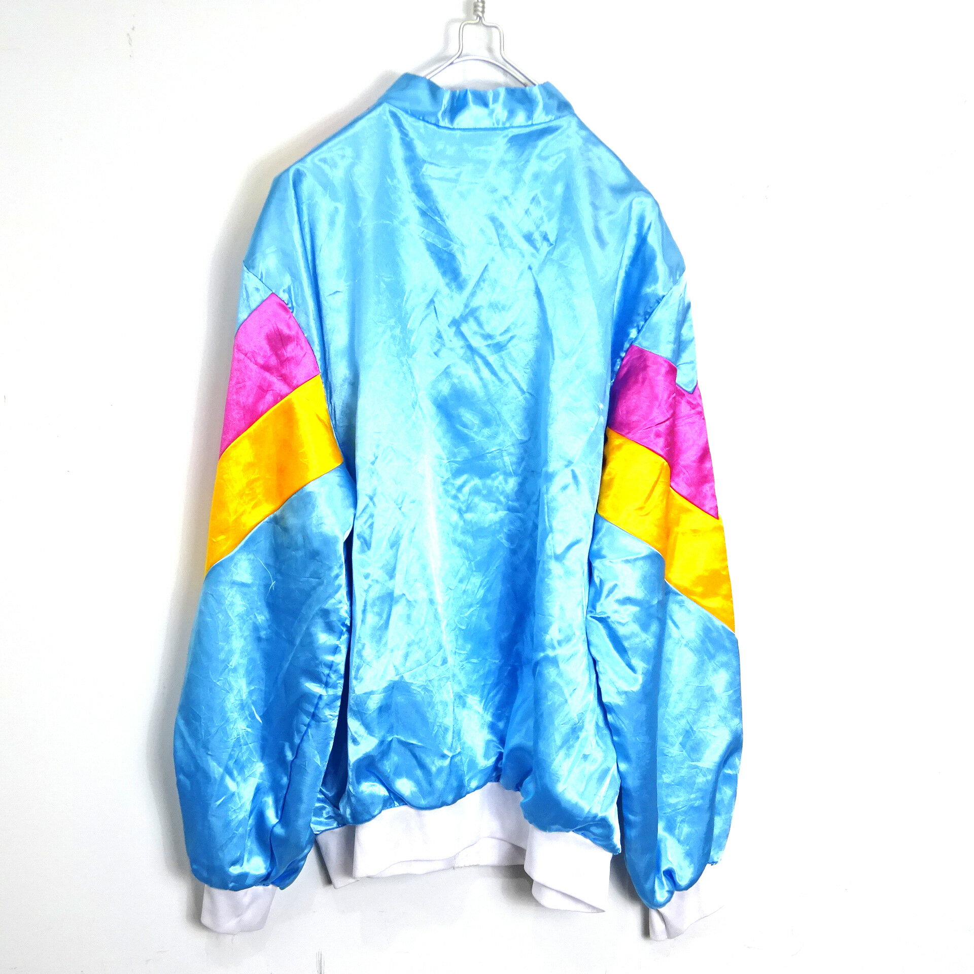 【中古】古着 ジップアップジャケット ジョッキー サテン 光沢 派手 スタンドカラー 長袖 L/S メンズ アウター ライトブルー系