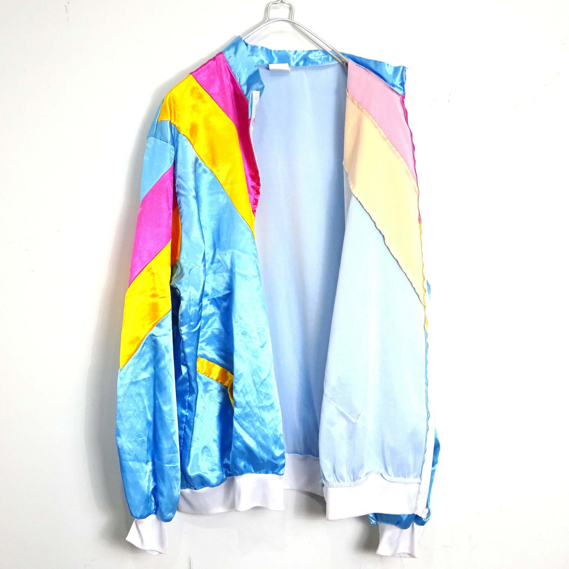 【中古】古着 ジップアップジャケット ジョッキー サテン 光沢 派手 スタンドカラー 長袖 L/S メンズ アウター ライトブルー系