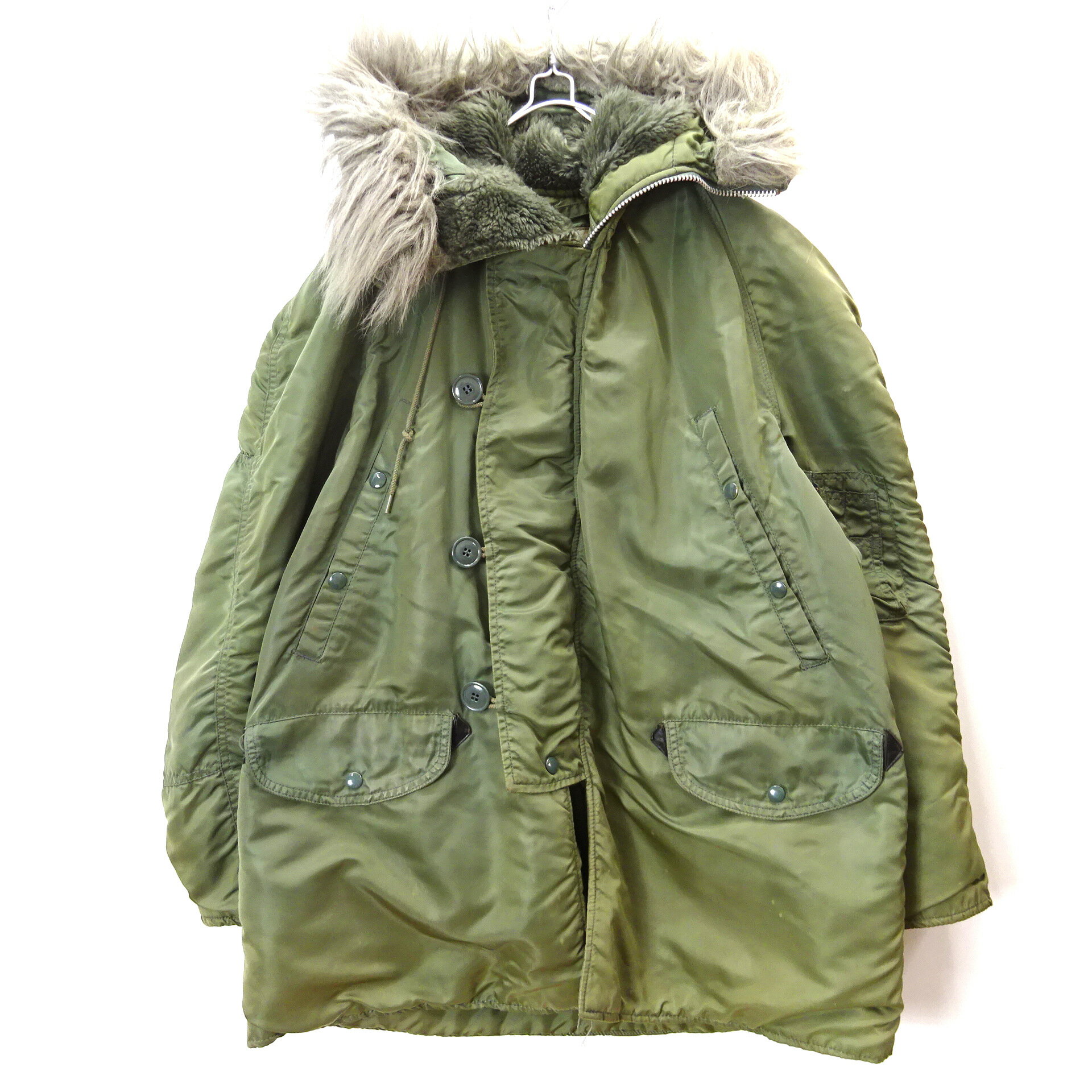 【中古】古着 80s 90s USA製 ALPHA アルファ 旧タグ N-3B N3B フライトジャケット MIL-J-6278 ナイロン 米国製 IDEALジッパー メンズ アウター ブルゾン サイズ M カーキグリーン系 難あり