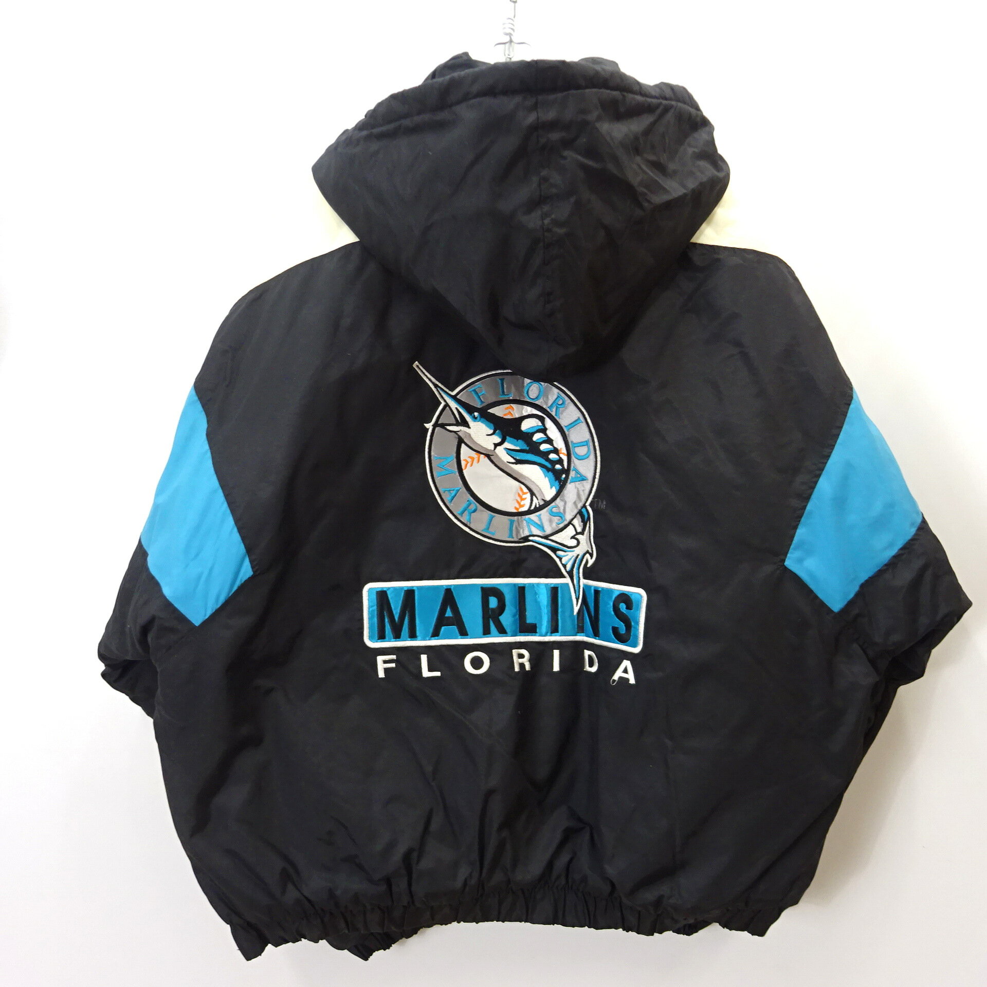 【中古】90s～ FLORIDA MARLINS 中綿 アノラックパーカー ナイロンジャケット ブルゾン 韓国製 古着 メンズ アウター サイズ L ブラック系