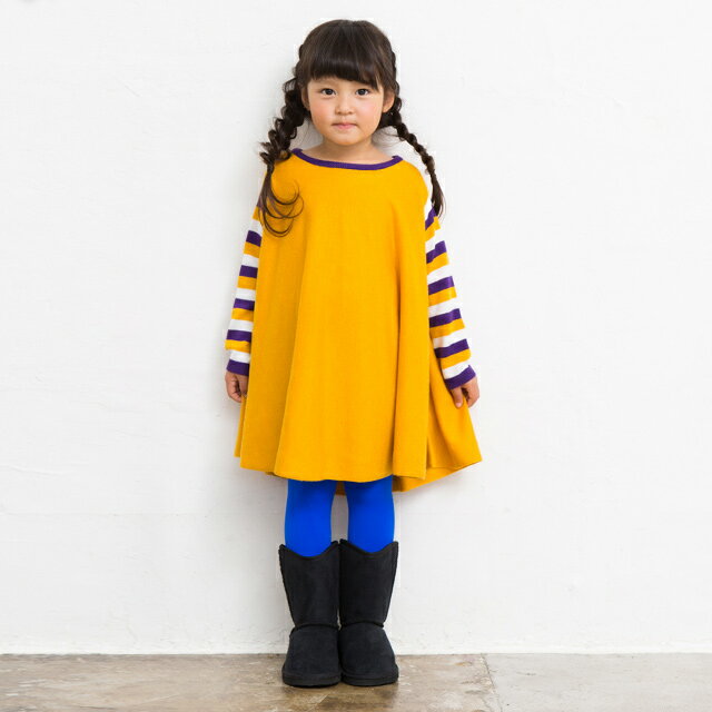 【80cm〜130cm】 子供服 ベビー服 袖ボーダーAライン ニットワンピース ニット クルーネック ベビー KIDS キッズ お出かけ 女の子秋冬 ami amie アミアミ ピンク グレー イエロー誕生日 プレゼント