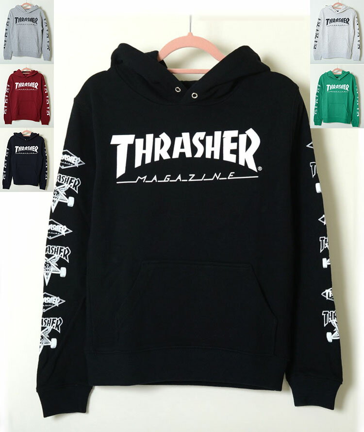 【120-160】THRASHER SWEAT PARKA スラッシャー スウェット パーカー キッズ kids 子供服 黒 白 グレー ワインレッド ネイビー グリーン THRASHERロゴ 男の子 女の子 スケーター ストリート