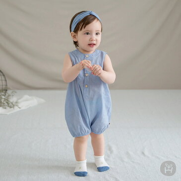 子供服 ベビー服 ロンパース ノースリーブ HAPPY PRINCE ブルー ベビー KIDS キッズ 子供服 コットン100% お出かけ 1歳 2歳 女の子 夏 シンプル 上品 フォーマル カジュアル ベーシック誕生日 プレゼント