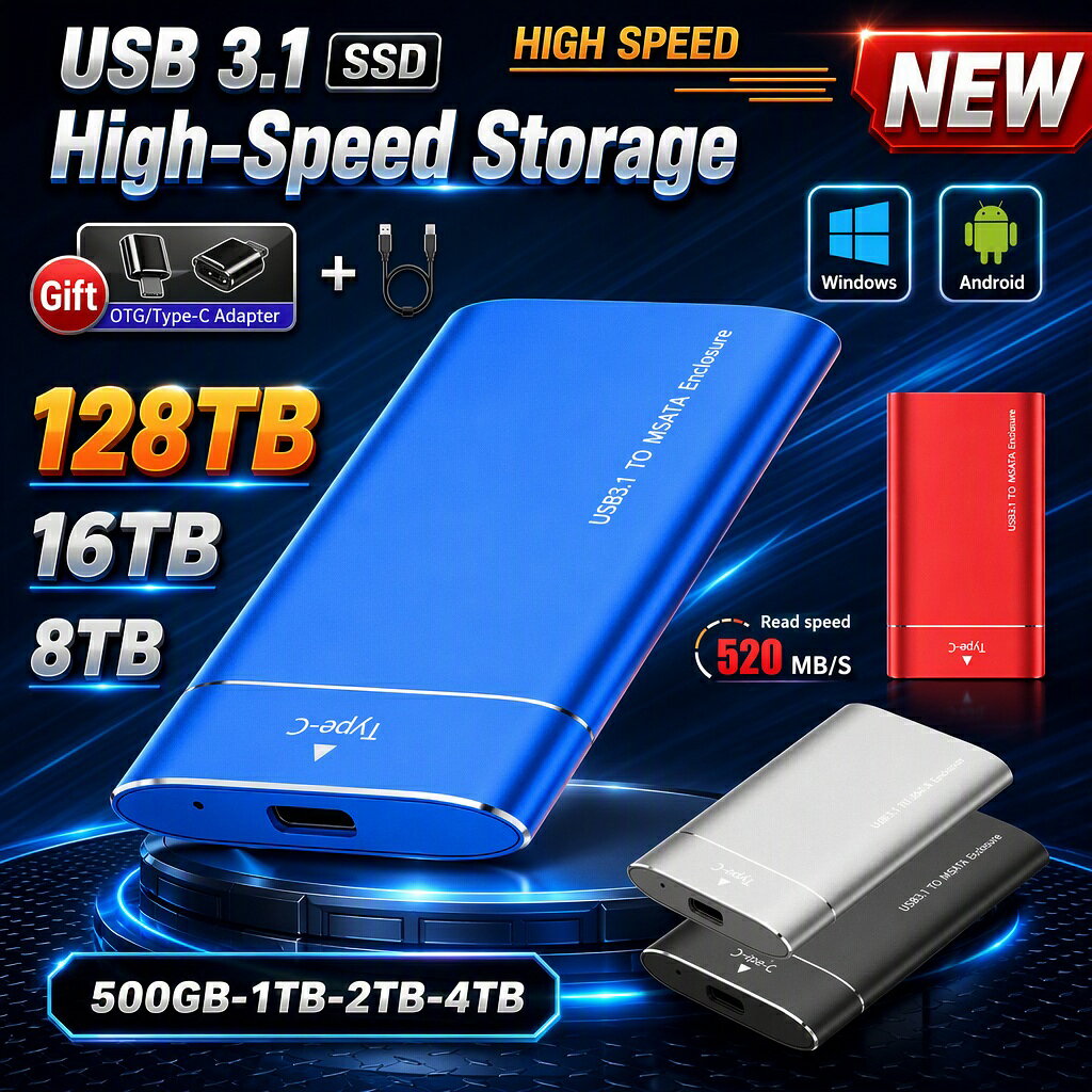 【大人気商品】SSD 1TB 外付 ポータブルSSD 超薄型ポータブル ハードディスク 2TB 耐衝撃 外付けハードディス USB-A/USB-C両対応 500GB USB3.1 Type-C 対応 スマホ互換可