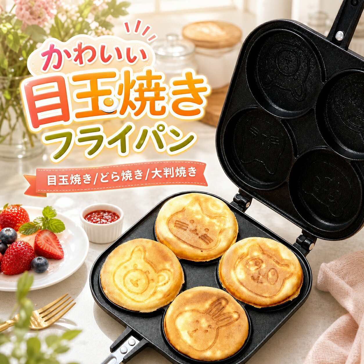 【円形仕切り付きデザイン】4つの円形仕切りにより、目玉焼き、ソーセージ、パンケーキ、今川焼きなどを綺麗に仕上げます。忙しい朝に弁当のおかずや朝食作りにもとても便利です【快適な調理体験】、焦げ付きにくくスムーズに調理できます。調理後もスポンジで軽く拭くだけで、汚れもスルッと落ちます【調理気分アップ！】機能性に拘るだけではなく、見た目も重視されています。オシャレなデザインにより、キッチンを明るく、日々のお調理がより一層楽しくなります【材質】アルミ+木材【対応熱源】IH(100V・200V)、 ガスコンロ、ラジエンヒーター、エンクローヒーター、シーズヒーター等オール熱源対応※電子レンジやオーブンなど非対応です※底の真ん中は凹んでいる設計されたため、センサー付きガスコンロに向いていない事をあらかじめにご了承下さい。
