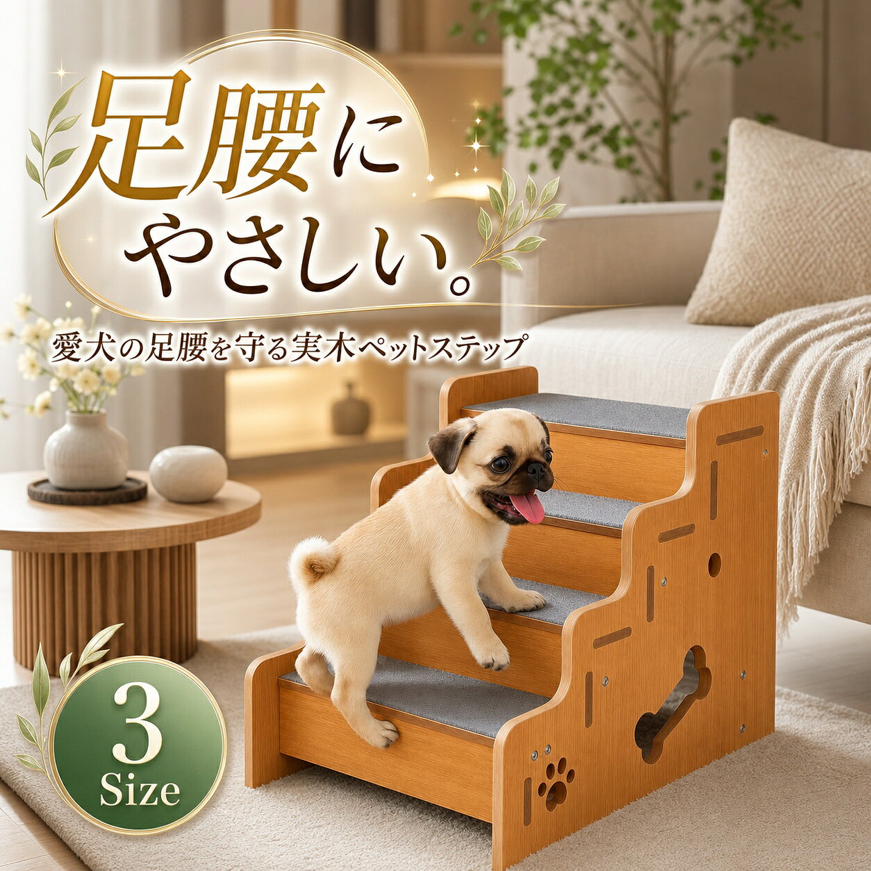 商品詳細おすすめポイント【関節にやさしい傾斜設計】足腰の負担を減らし、毎日の暮らしをもっと快適に。【安心のカーペット仕様】ふんわりカーペット張りで肉球にフィット。しっかりグリップして滑らず、安全に使える。【高さに合わせて選べる】 2段（30cm）・3段（35cm）・4段（40cm）の3タイプ展開。ソファやベッドの高さに合わせてぴったり選べる。【安定感のある実木構造】頑丈な実木フレームで、ぐらつかずしっかり安定。長く使っても歪みにくく、安心して愛犬を任せられる。。【いつでも清潔をキープ】 木製だから汚れたらサッと拭くだけ。お手入れ簡単で、長く清潔に使える。【木の温もりでお部屋に馴染む】ナチュラルな木の質感と可愛い爪あとと骨デザイン。置くだけでインテリアに映え、お部屋の雰囲気もやさしく。カラー画像色素材木目調MDF（中密度繊維板）、カーペット生地在庫・発送について送料無料（沖縄・離島への配送は別途送料かかります。）原産国中国（日本の標準で検品しております。）使用上のご注意・ご使用の際は必ず水平で安定した場所に設置してください。ぐらつきのある場所に置くと転倒やけがの原因となります。・本製品はペット用ステップです。用途以外のご使用はお控えください。・ペットの体重やサイズに合った段数をお選びください。耐荷重を超える使用はおやめください。・木製部分は水や湿気に弱いため、丸洗いは避け、汚れた場合は乾いた布または固く絞った布で拭き取ってください。・カーペット部分は毛や汚れが付着しやすいため、定期的なお手入れをおすすめします。・ペットがかじったり強く引っかくと破損する恐れがあります。使用中は様子を見守ってください。・破損や劣化が見られた場合は、速やかに使用を中止してください。・本製品は屋内専用です。屋外でのご使用は劣化や破損の原因となります。・小さなお子様が本製品で遊ばないようご注意ください。注意事項・この商品はギフトラッピングを承っておりません。・輸送の際にキズ・汚れ・箱潰れが生じている場合がございますが商品は新品ですのでご安心ください。・モニターの発色の具合によって実際のものと色が異なる場合がございます。イメージ違いなどお客様都合によるご注文後のキャンセル、返品はお受け致しかねます。・使用時の破損や事故等につきましては責任を負いかねます。検索関連キーワード（商品の説明ではありません）ドッグステップ ペットステップ 犬用ステップ 犬用階段 ペット階段 ペット用スロープ 犬の階段 ペット踏み台 ペットグッズ ペット用品 室内用 ソファ用 階段 ベッド用 階段 ベッドに上がる ソファに上がる 段差解消 昇降補助 簡単昇降 昇降台 怪我防止 ケガ防止 足腰保護 足腰に優しい 関節保護 関節に優しい 負担軽減 衝撃吸収 衝撃緩和 安定感 安全設計 シニアケア ペット介護 ペットシニア用品 木製 実木 天然木 ナチュラル素材 クッションタイプ カーペット仕様 滑り止め加工 軽量 コンパクト 折りたたみ式 折り畳み式 耐荷重20kg 頑丈 丈夫 長持ち お手入れ簡単 水拭きOK 掃除しやすい 小型犬 中型犬 子犬 老犬 シニア犬 高齢犬 室内犬 猫 子猫 老猫 室内猫 チワワ トイプードル ダックスフンド ミニチュアダックス コーギー ウェルシュコーギー ポメラニアン マルチーズ ヨークシャーテリア シーズー パグ パピヨン ビーグル フレンチブルドッグ ミニチュアシュナウザー シュナウザー プードル 2段 3段 4段 多段階 多サイズ選択 選べるサイズ かわいい おしゃれ ナチュラル 北欧風 インテリア対応 ギフト プレゼント 贈り物 贈物 犬好き 猫好き ペットオーナー 人気 人気ランキング おすすめ
