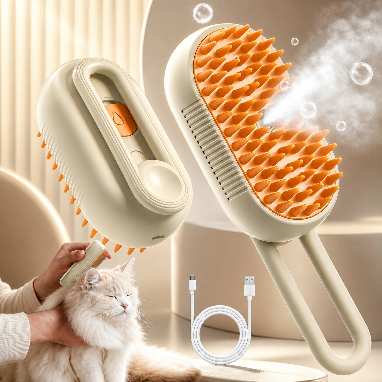 【新発売限定記念価格！】猫 ブラシ スチーム 蒸し猫ブラシ 毛取り 犬 ペット用 長毛 短毛 猫用品 犬用品 猫犬兼用 静電防止 プレゼント 噴霧式 360°回転 USB充電式 犬くし ペットグルーミングブラシ