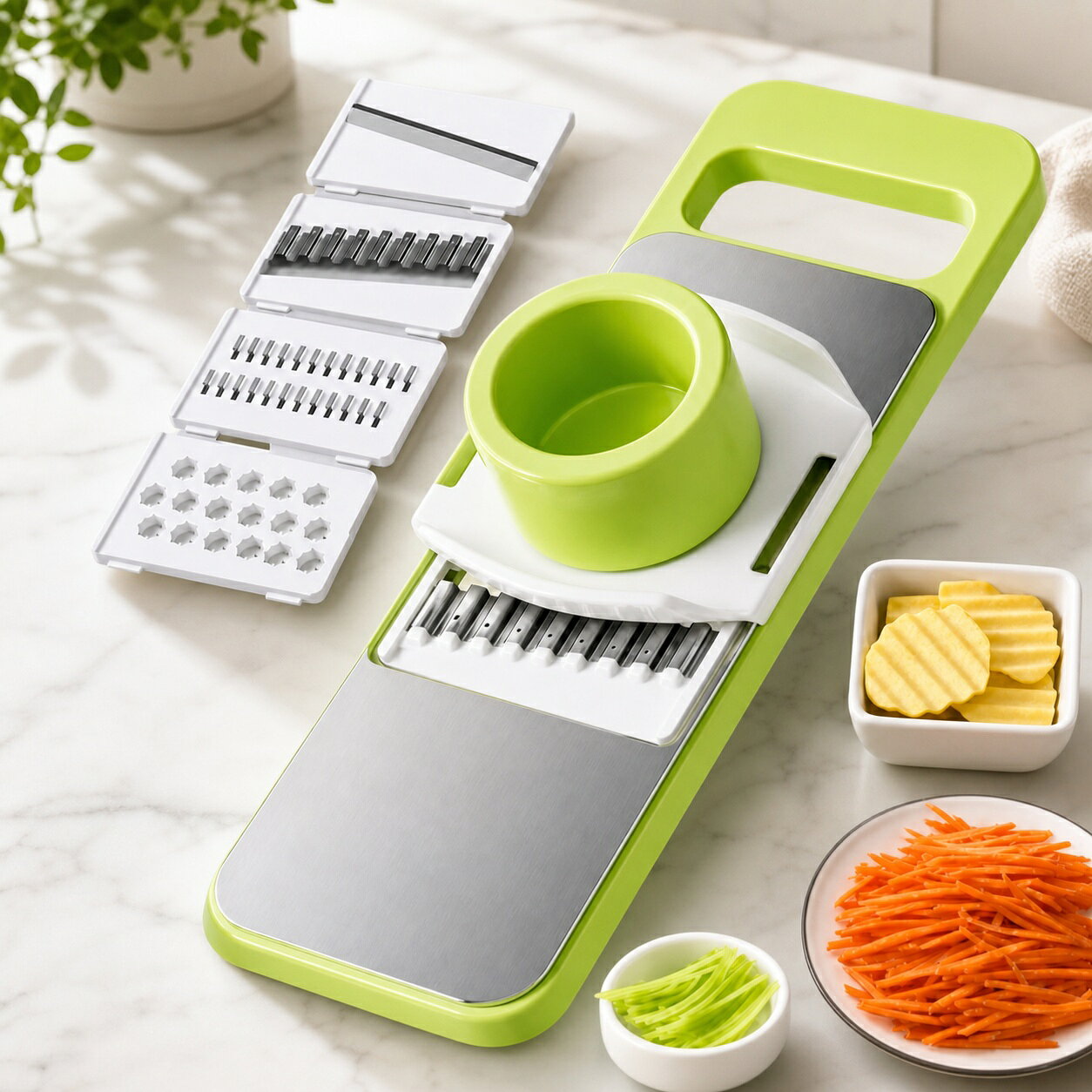 複数の機能を提供: 5つの交換可能なカッターヘッドを装備したこの多機能野菜切断機セットは、野菜の切断、千切り、スライス、または粉砕に簡単に対応でき、さまざまな要求に応えます。安全な使用を確保：当社の野菜スライサーカッターは、安全なハンドラップデザインとスライドレールを備えており、小さな食材を安全かつ簡単に取り扱い、怪我の可能性を防ぎます。変形しにくい：頑丈なABSボディと硬化ステンレス鋼を備えた当社のスライサー野菜カッターは、長期間の使用を保証します。信頼の性能で、いつでも完璧な野菜カットを調理できます。幅広い用途: 当社の野菜カッターで時間と手間を節約します。ニンジン、タマネギ、ズッキーニ、ニンニク、キュウリ、ジャガイモ、レモンなどのさまざまな農産物を簡単にスライスして角切りにし、キッチンの効率と生産性を向上させます。便利な掃除：スライサー野菜カッターで時間と労力を削減します。ブラシで破片をこすり、水道水ですすぎ、簡単に保管できるように分解します。簡単で合理的な野菜のスライスをお楽しみください