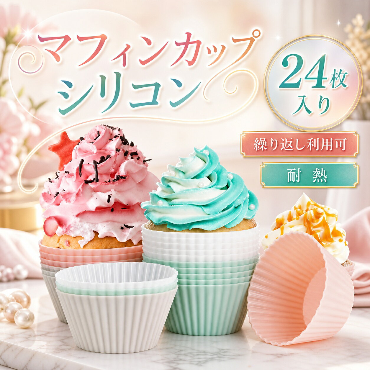 ★【耐熱温度】-60℃~+220℃で、電子レンジ、オーブン、冷蔵庫対応可能、食器洗い乾燥機にも利用いただけ、洗いやすくて収納も簡単です。★【素材】食品用シリコン素材で安全だけではなく、耐熱性や・性や耐久性もあり、環境に優しく、繰り返して利用することが可能です。★【セット内容】爽やかな4色（ペパーミントグリーン、ホワイト、クリーム、ピンク）セットです。色あたり6枚で、合計24枚です。★【様々な場合に大活躍！】家庭料理、アフタヌーンティー、宴会デザートなどの料理に最適で、高品質な家庭料理、午後のお茶、その他の美食すべてばやく作成することができます。