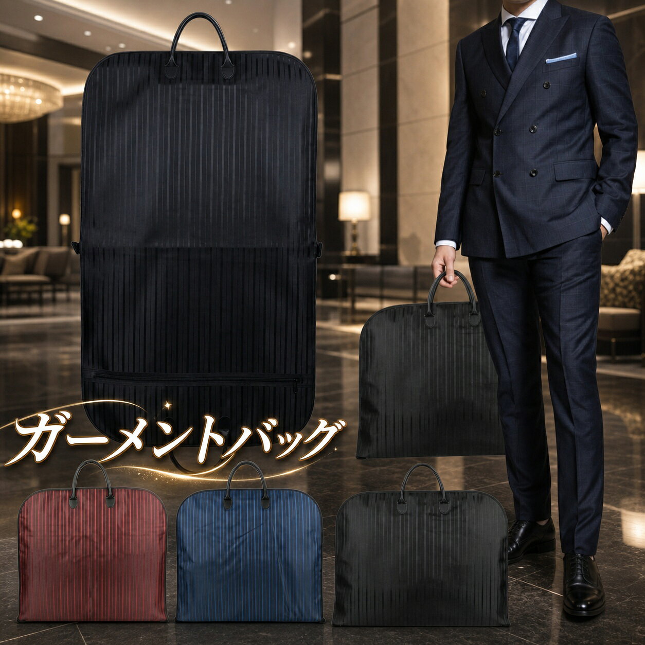 カラー：ブラック、ワインレッド、ブルーサイズ：100*60cm 折り畳む時：48*60cm重量：約500g素材：210DPUオックスフォード持ち手 PU革 (撥水加工)用途:出張、就活、結婚式、冠婚葬祭等生産国:中国出張の多い多忙なビジネスマンの移動を少しでも楽にしたいという気持ちから開発された、ガーメントバッグ。【収納力抜群】このバッグひとつで荷物が収まります。内側にはスーツ、ワイシャツ、靴下、ネクタイ、折りたたみ傘などをまとめて収納。Dカンにハンガー、スーツをハンガーに掛けたまま収納でき使用時も取り出し簡単。【前ポケット付き】本体前にポケットを装備、雑誌やA4書類などが収納ゆっくりできるサッズ。 ネクタイやベルト・カッターシャツなども収納するくことができます。【耐久性に優れ】大切な服をホコリや汚れからしっかり守って、安心して保管できます。 スーツにしわをつけることなく運ぶために必要なガーメントケースです。【優れた撥水性・防汚性】水をはじく撥水加工がされているので雨の日の移動も安心。 雨や水に濡れても、乾いた布で拭き取って乾かせば問題なくご使用頂けます※完全防水ではありません。ファスナー、縫い目等から浸水する場合がございますので、ご注意ください。【高密度ファブリック】最高級の高密度ファブリックをふんだんに使用することにより、高い撥水性を実現しました。お客様に長くつかっていただくために、汚れの付着を防ぎます。【双方向ファスナー】双方向ファスナーを採用してから、スーツカバーを開閉する時に操作しやすくなります。【大活躍】出張、就活、結婚式、冠婚葬祭等、あなたの大切な衣類をシワから守ります。プレゼントとしても最適！◆ご了承いただきたいこと◆◆モニターにより色の見え方が実際の商品と多少異なることがございます。あらかじめご了承くださいませ。◆ご購入前に、【サイズ】?【カラー】?【価格】?【数量】?【お客様情報】等、ご注文内容にお間違いがないか必ずご確認ください。