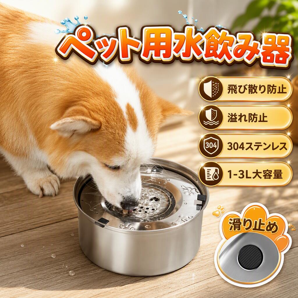 【新発売限定記念価格！】水飲み器 給水器 犬 猫 304ステンレス製 1L 3L大容量 ウォーター ディッシュ 大中小型犬 ドッグ ネコ ボウル こぼれ防止 カビ防止 浮き蓋式 洗いやすい 電源不要 自動給水器 多頭飼いも対応