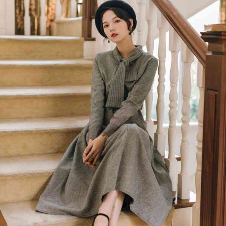 シャツワンピース 長袖ワンピース ロングワンピース フレアワンピース ベルト付き ボウタイネック お洒落 可愛い デート きれいめ レディース 通勤 通学 新作