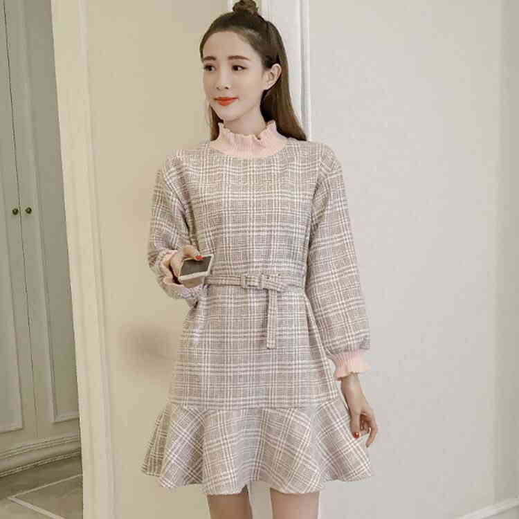 ［袖口＆襟口ニット切り替え ベルト付き］グレンチェックワンピース ハイネック ニット切り替え ワンピース ツイード素材 長袖ワンピース ハイウエスト フリル 大人 上品 可愛い 春 秋 冬