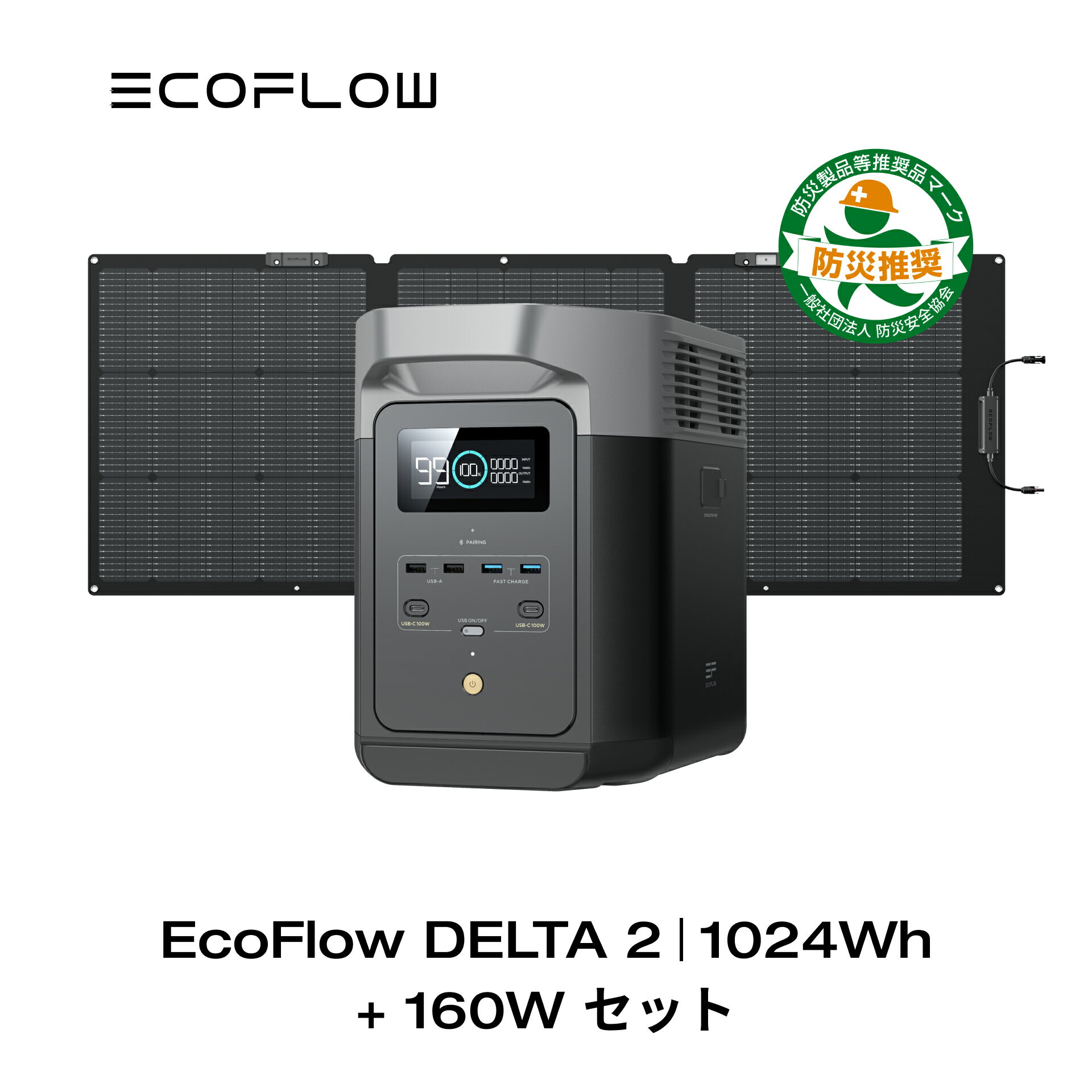 EcoFlow ポータブル電源 ソーラーパネルセット DELTA 2 1024Wh+160Wセット リン酸鉄 大容量 家庭用 蓄電池 発電機 長寿命 太陽光発電 急速充電 車中泊 キャンプ アウトドア 停電 台風 節電 防…