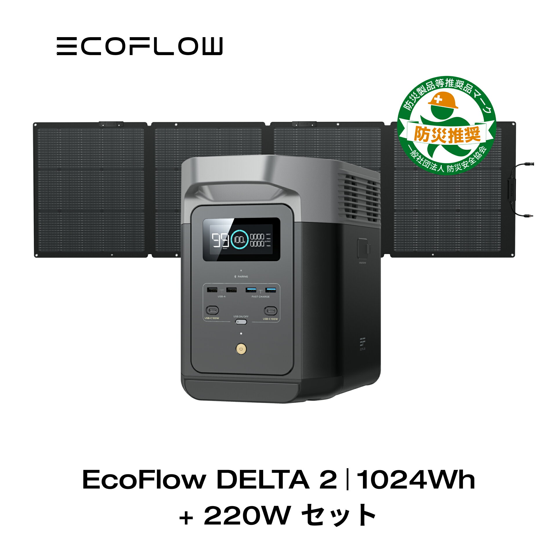 EcoFlow ポータブル電源 ソーラーパネル セット DELTA 2 1024Wh+220W リン酸鉄 大容量 5年保証 長寿命 家庭用 蓄電池 発電機 太陽光発電 急速充電 車中泊 キャンプ アウトドア 停電 防災グッズ 台風 節電 エコフロー