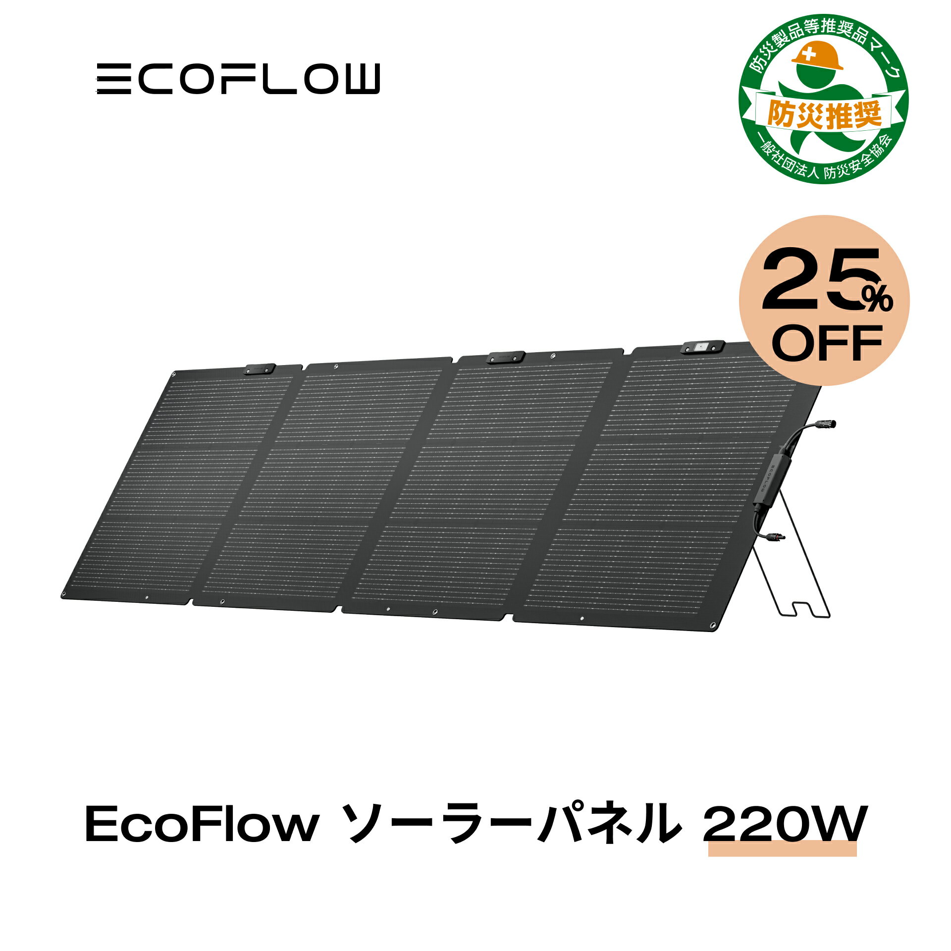 EcoFlow ソーラーパネル 220W 片面 ソーラー充電器 太陽光発電 太陽光パネル ソーラーチャージャー 200W 折り畳み 25% 高変換効率 IP68 薄型 コンパクト 車中泊 キャンプ 停電対策 エコフロー