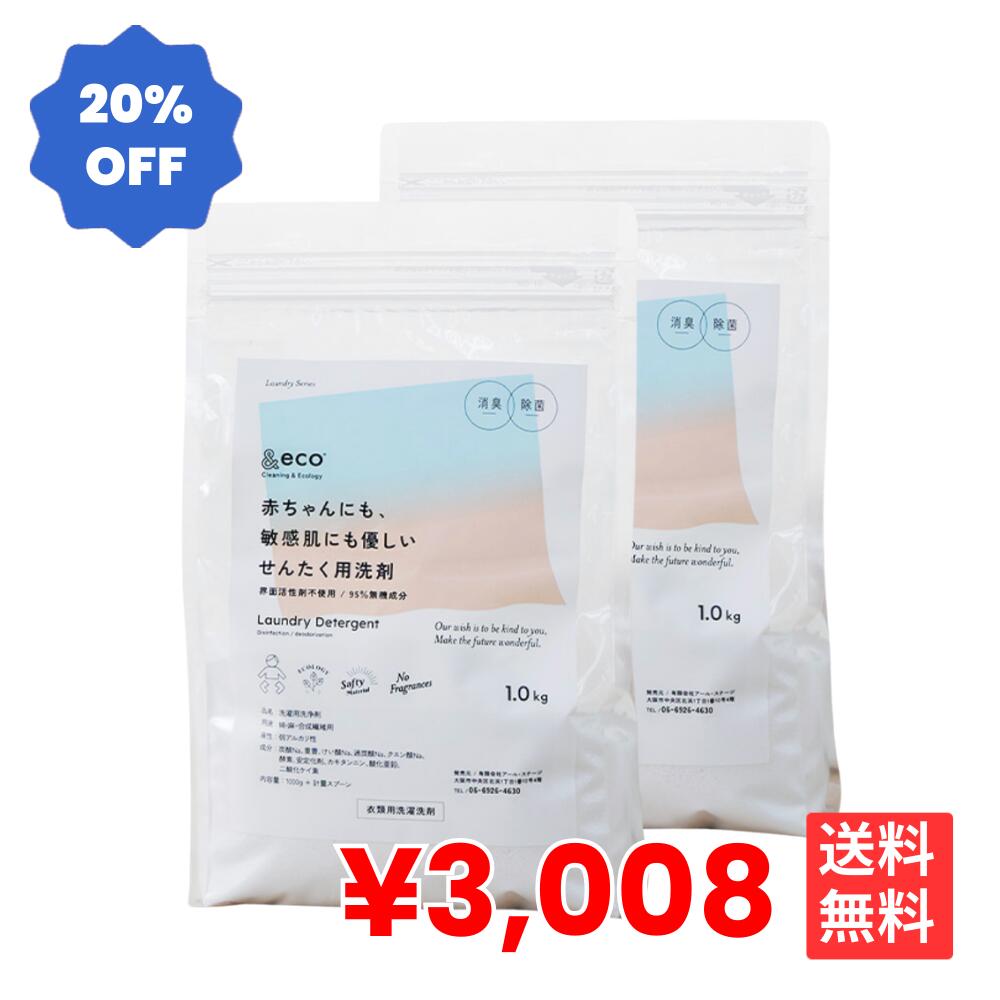 お得な2個セット 洗濯洗剤 &eco 肌にやさしい洗たく洗剤 粉 粉末 洗剤 洗濯 衣類 服 除菌 消臭 カビ予防 無添加 部屋干し 室内干し ドラム型 縦型 すすぎ1回 時短 敏感肌 子供 赤ちゃん ベイビー アトピー 無香料 節水 1kg 日本製