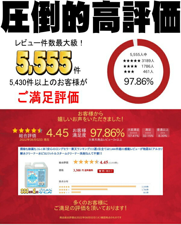 掃除も除菌もコレ1本！安心のロングセラー楽天ランキング333週1位全ては5,000件超の感動レビューが物語る！アルカリ電解水クリーナー水ピカ2リットルスチームクリーナー洗剤なんて不要！！